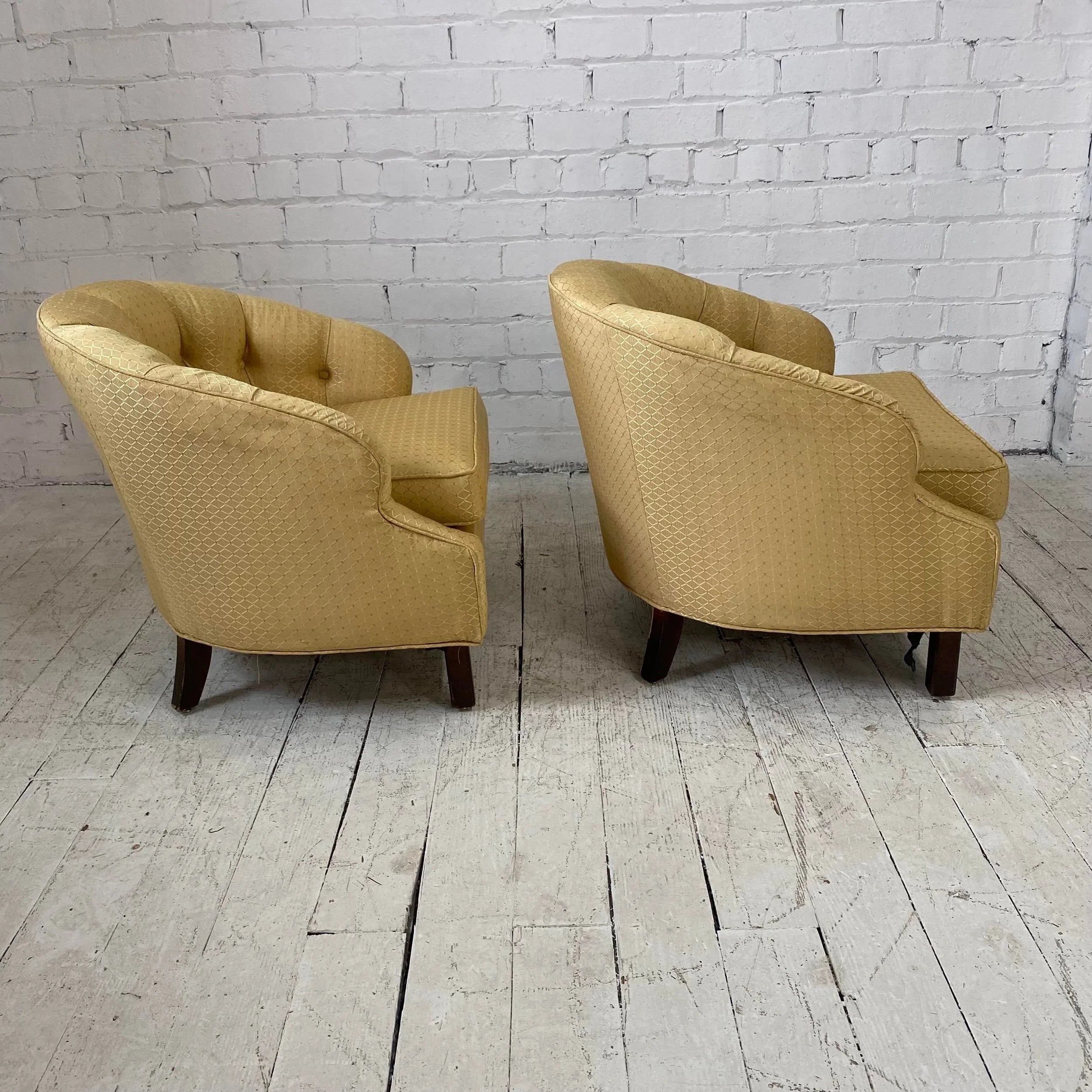 Pair of Yellow Tufted Barrel Chairs