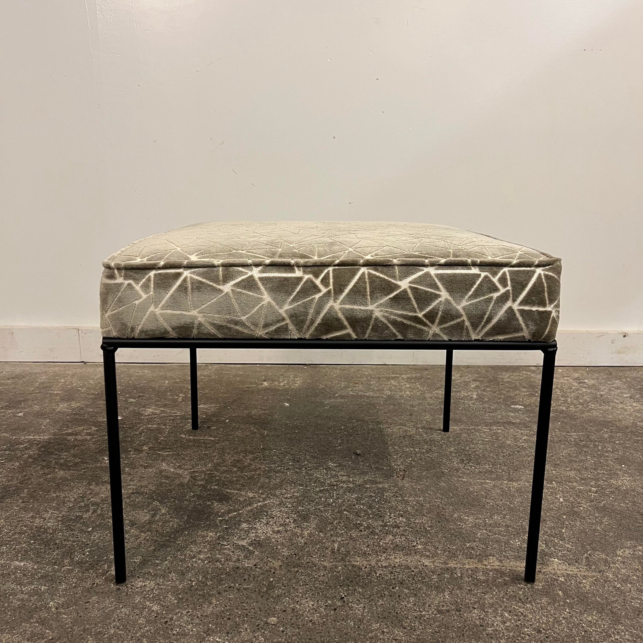 Paul McCobb Style Ottoman Stool Grey and White Cut Velvet