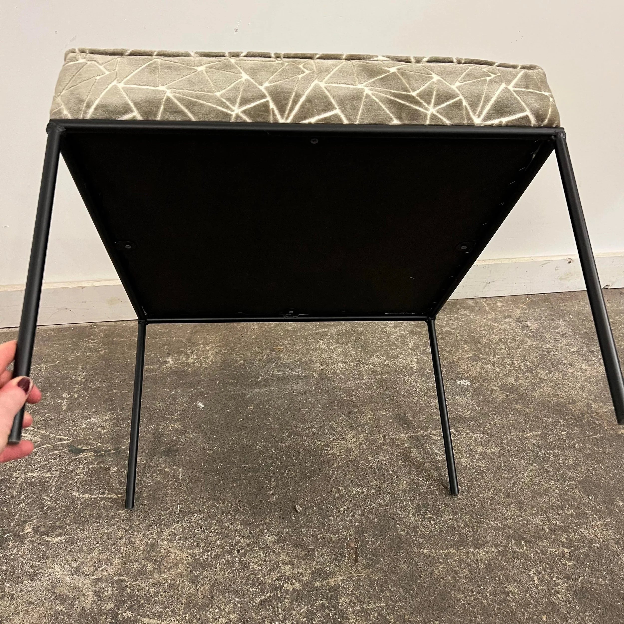 Paul McCobb Style Ottoman Stool Grey and White Cut Velvet