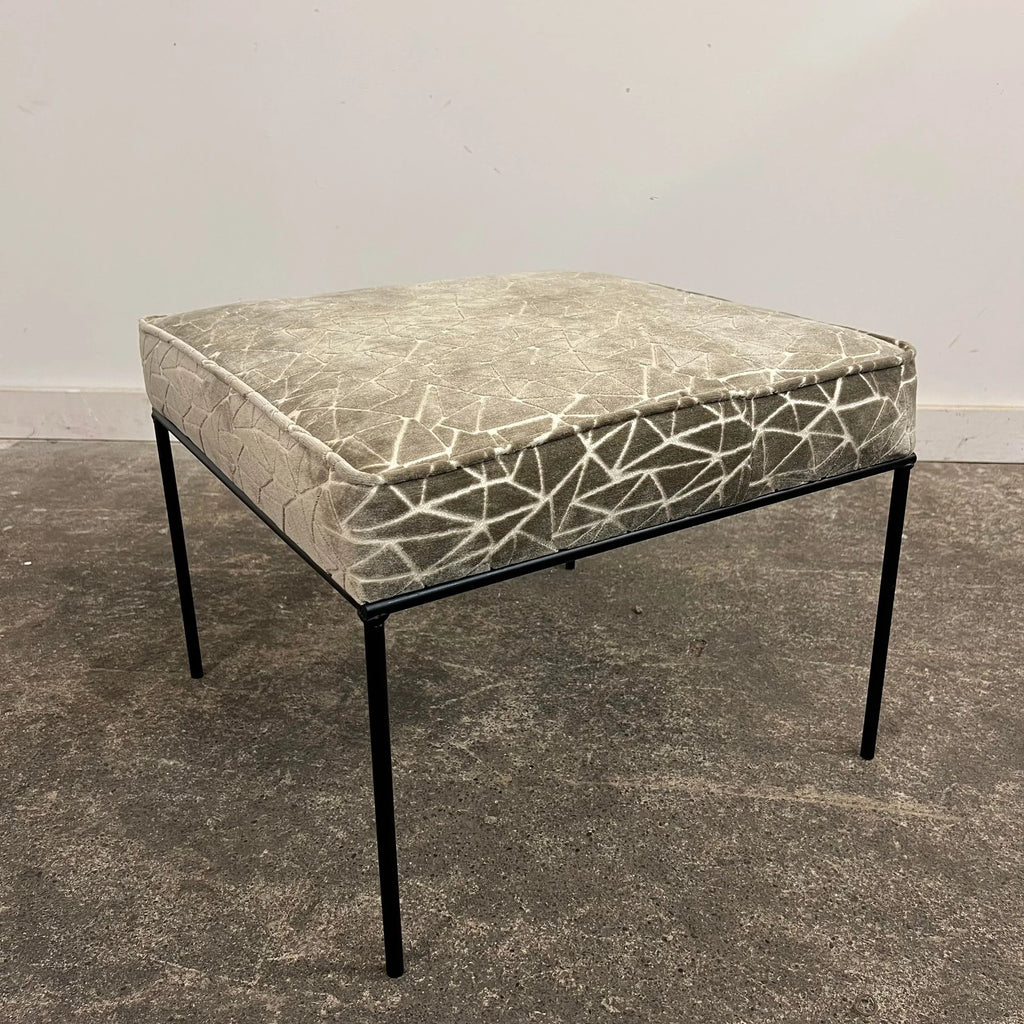 Paul McCobb Style Ottoman Stool Grey and White Cut Velvet