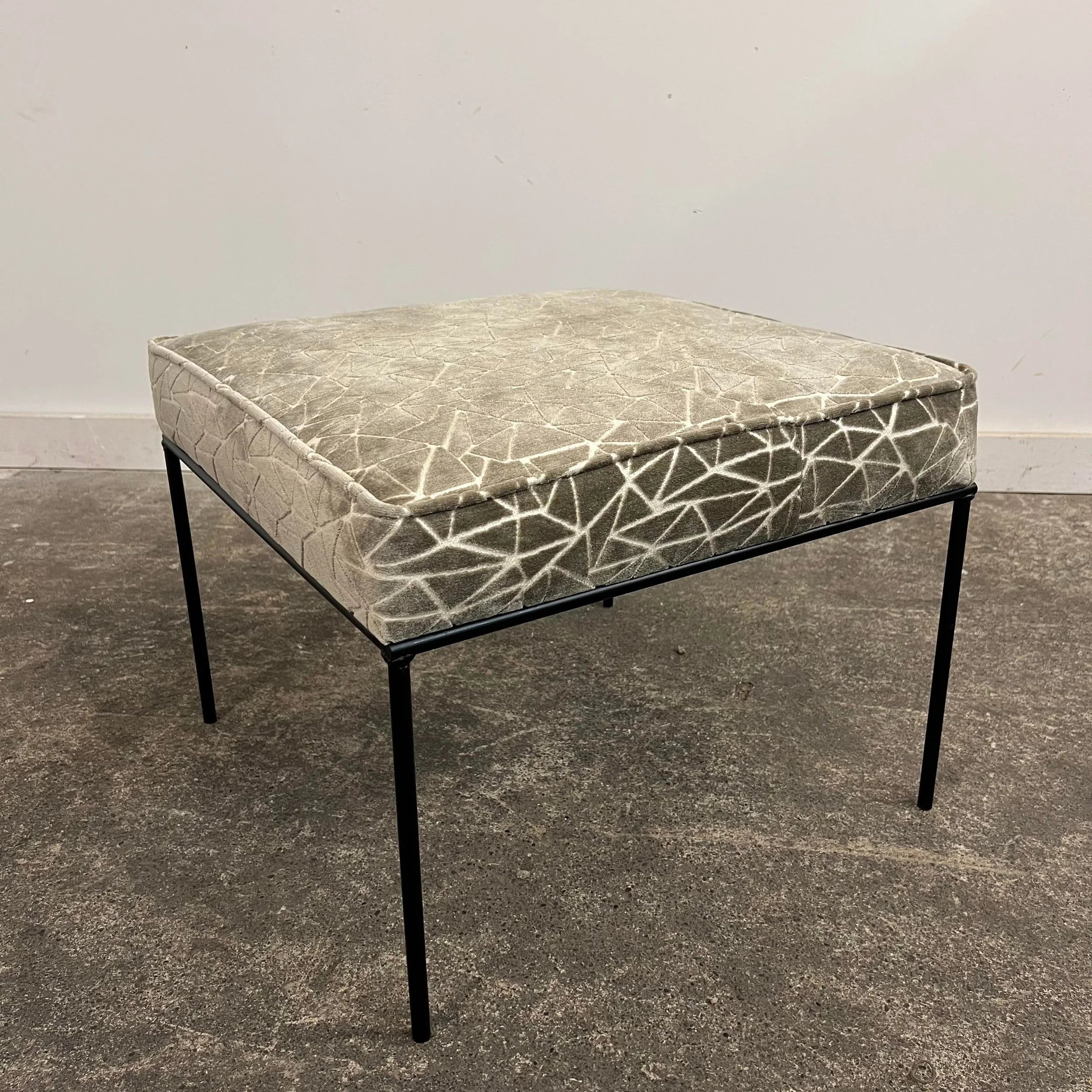 Paul McCobb Style Ottoman Stool Grey and White Cut Velvet