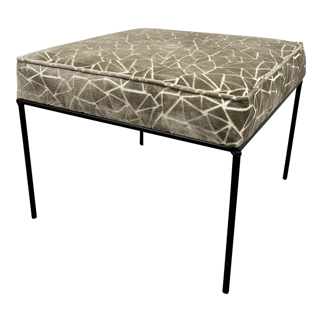 Paul McCobb Style Ottoman Stool Grey and White Cut Velvet