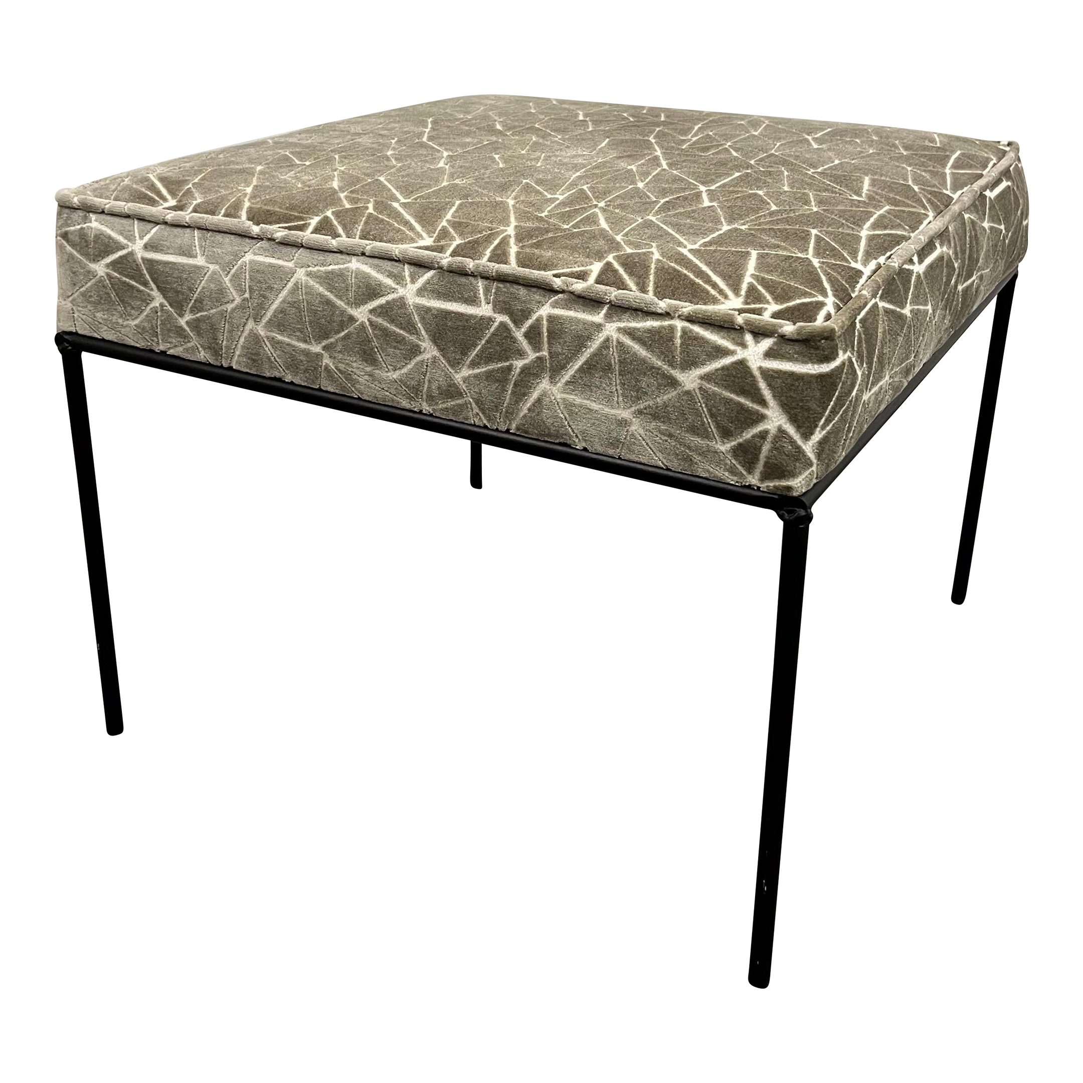 Paul McCobb Style Ottoman Stool Grey and White Cut Velvet