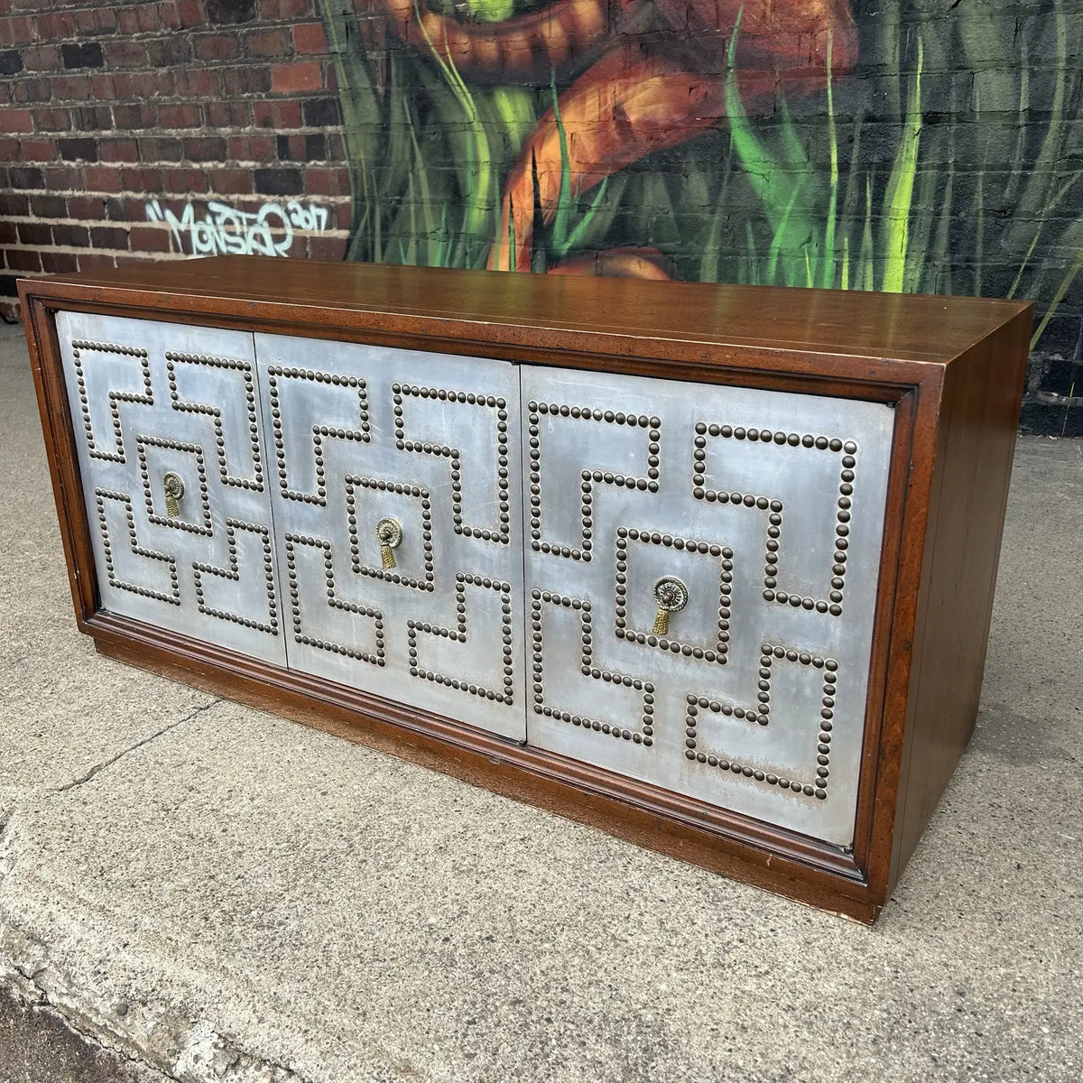 Petite Parzinger Style Hammered-Metal Fronted Cabinet