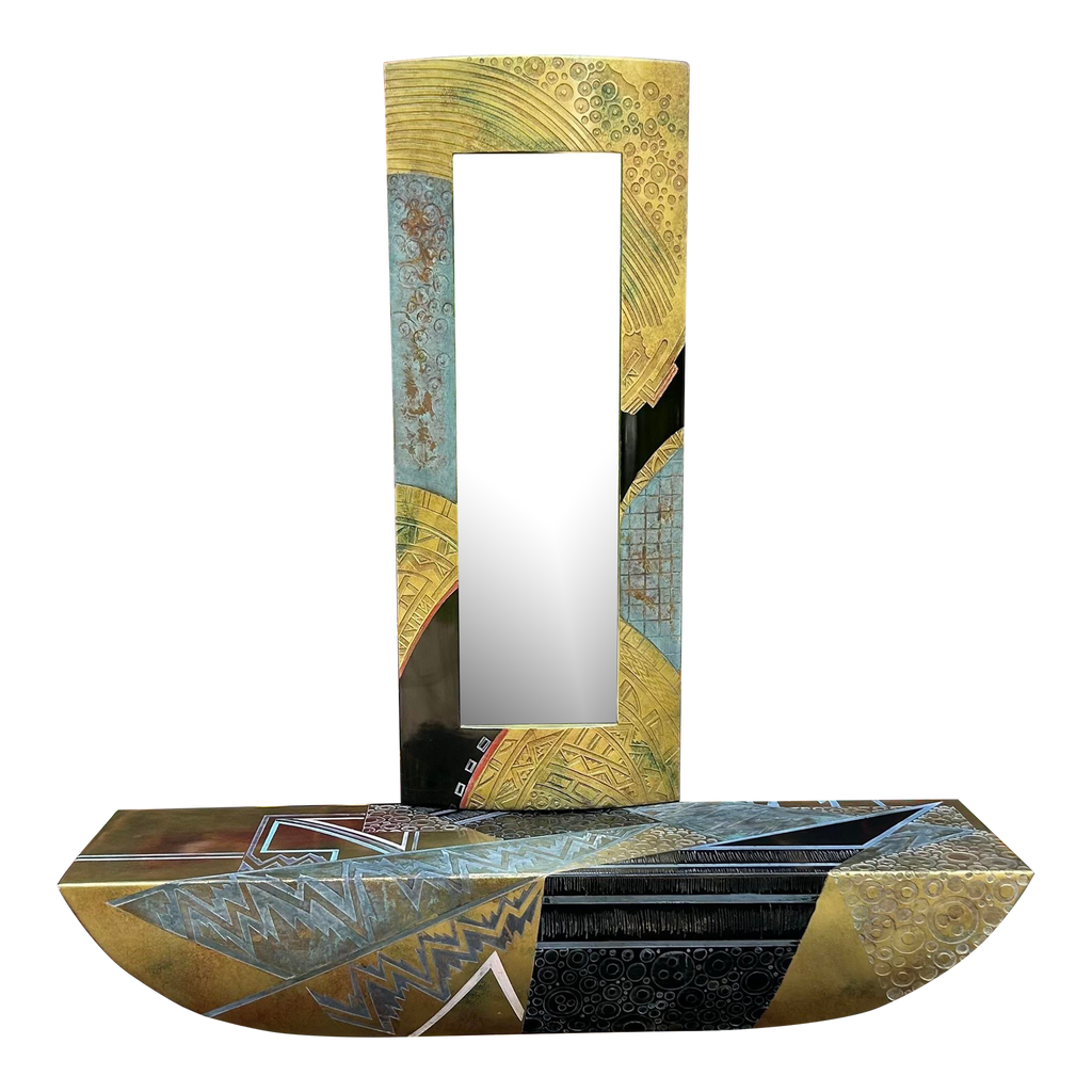 Post Modern Console Table and Mirror Gold Black