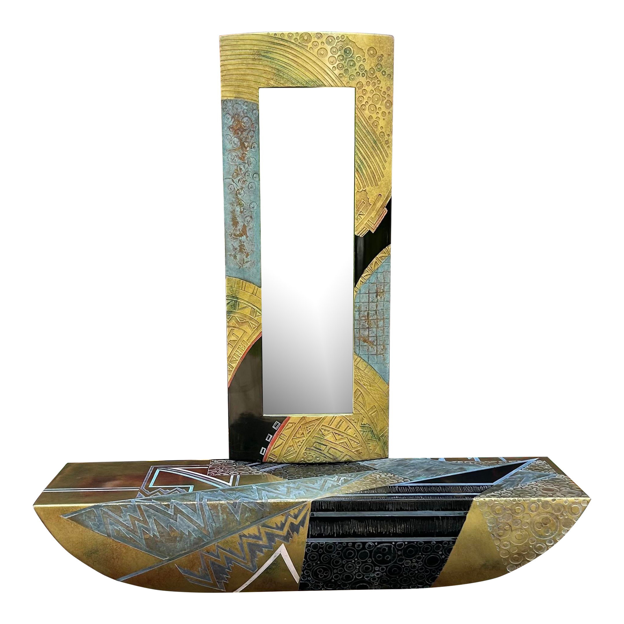 Post Modern Console Table and Mirror Gold Black