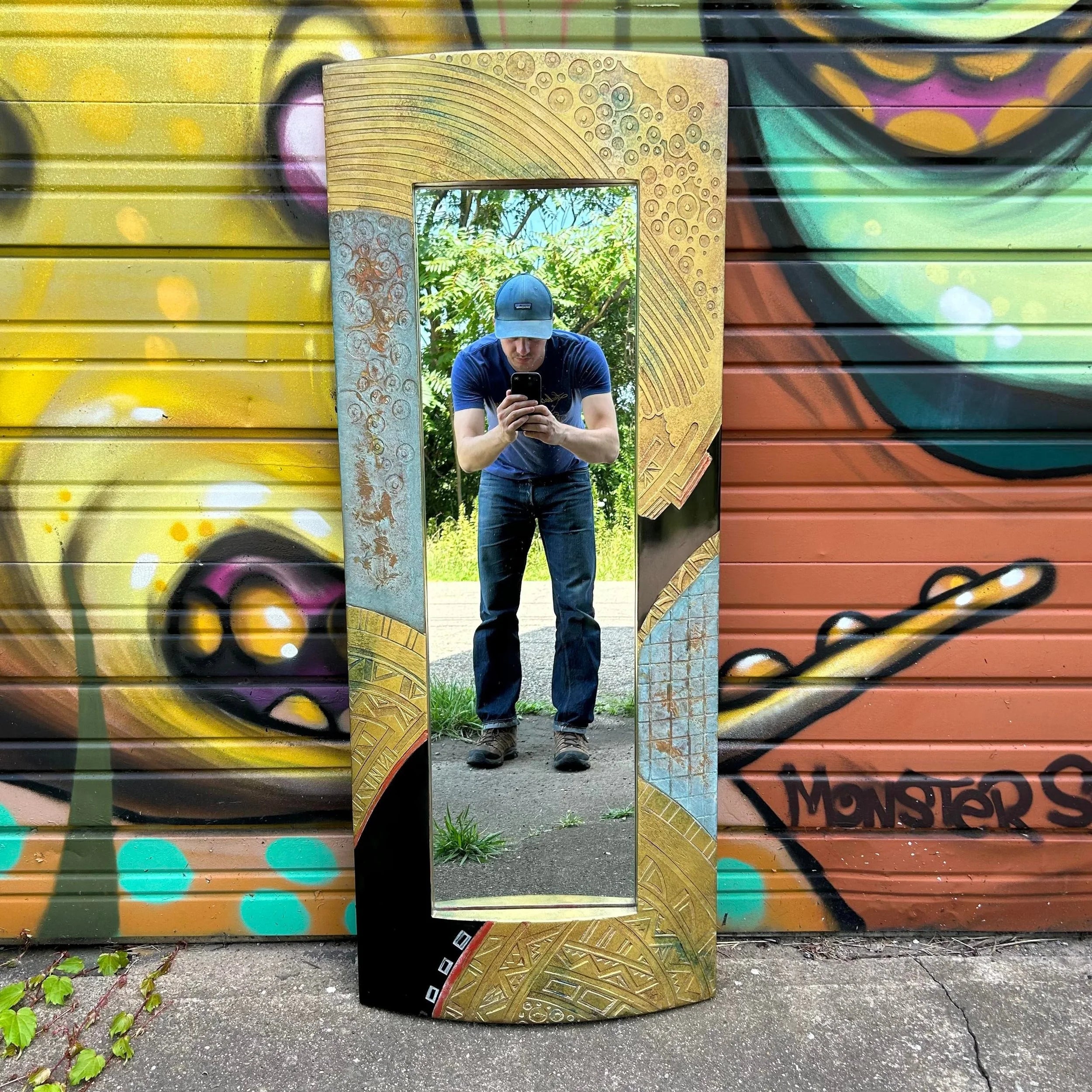 Post Modern Console Table and Mirror Gold Black