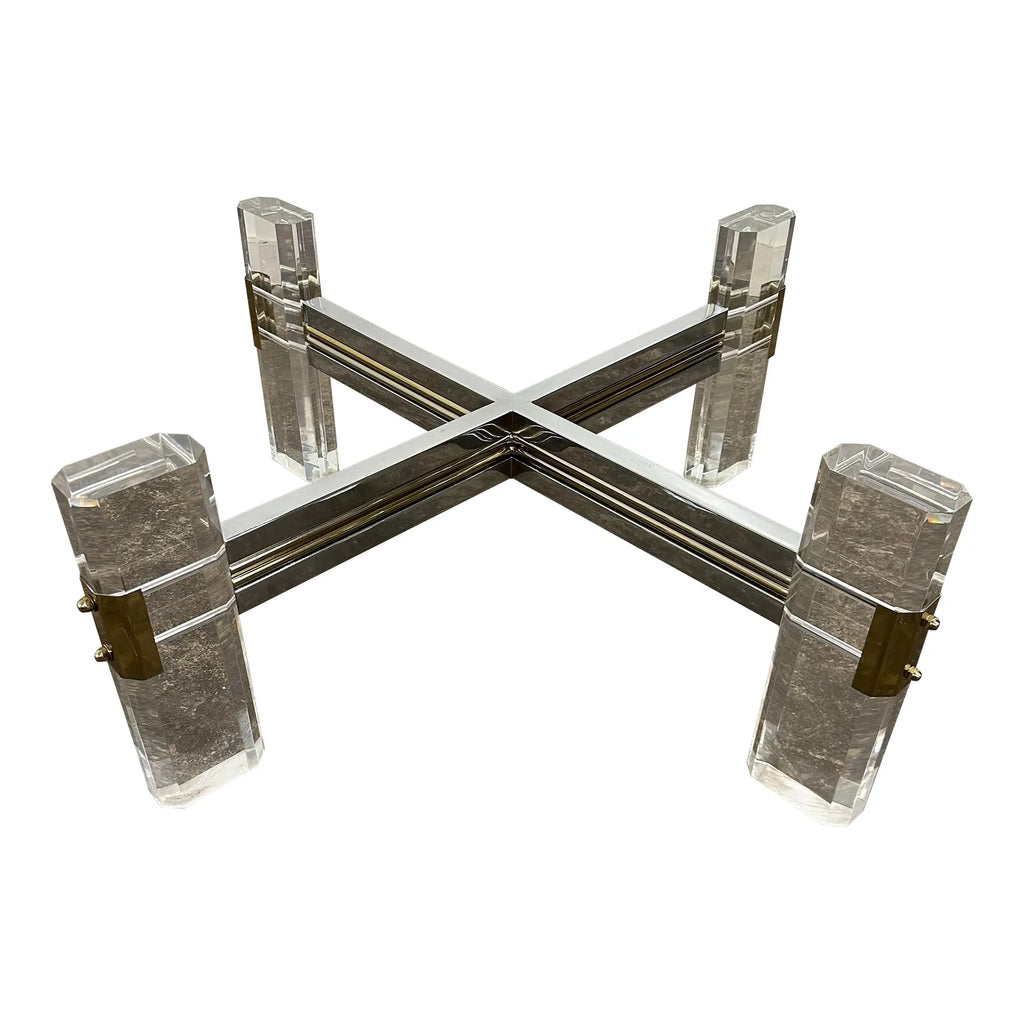 Postmodern Hollywood Regency Charles Hollis Jones Style Lucite Brass Chrome and Glass Coffee Table