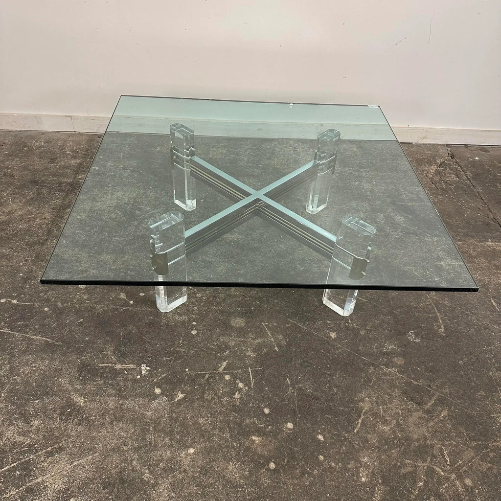 Postmodern Hollywood Regency Charles Hollis Jones Style Lucite Brass Chrome and Glass Coffee Table
