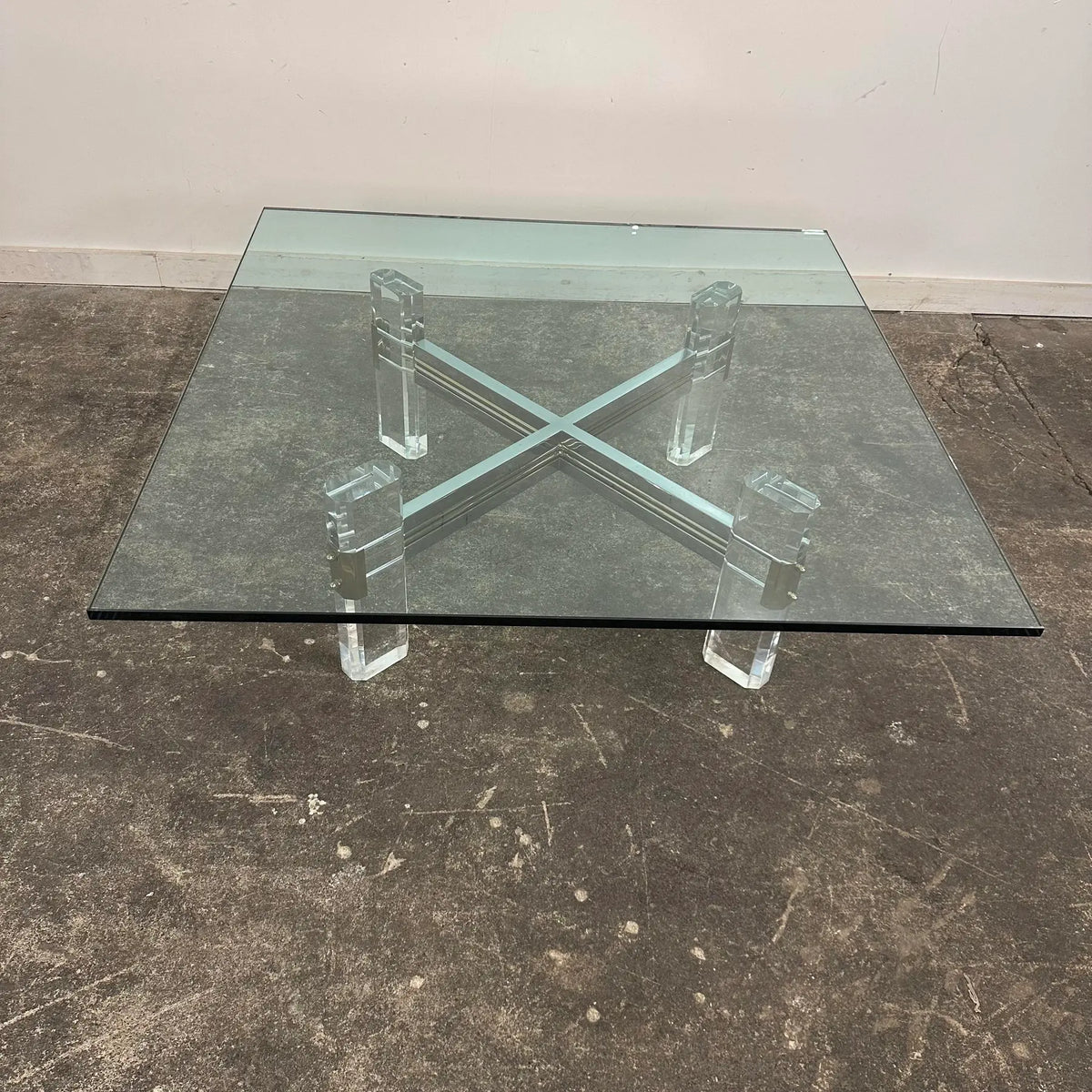 Postmodern Hollywood Regency Charles Hollis Jones Style Lucite Brass Chrome and Glass Coffee Table