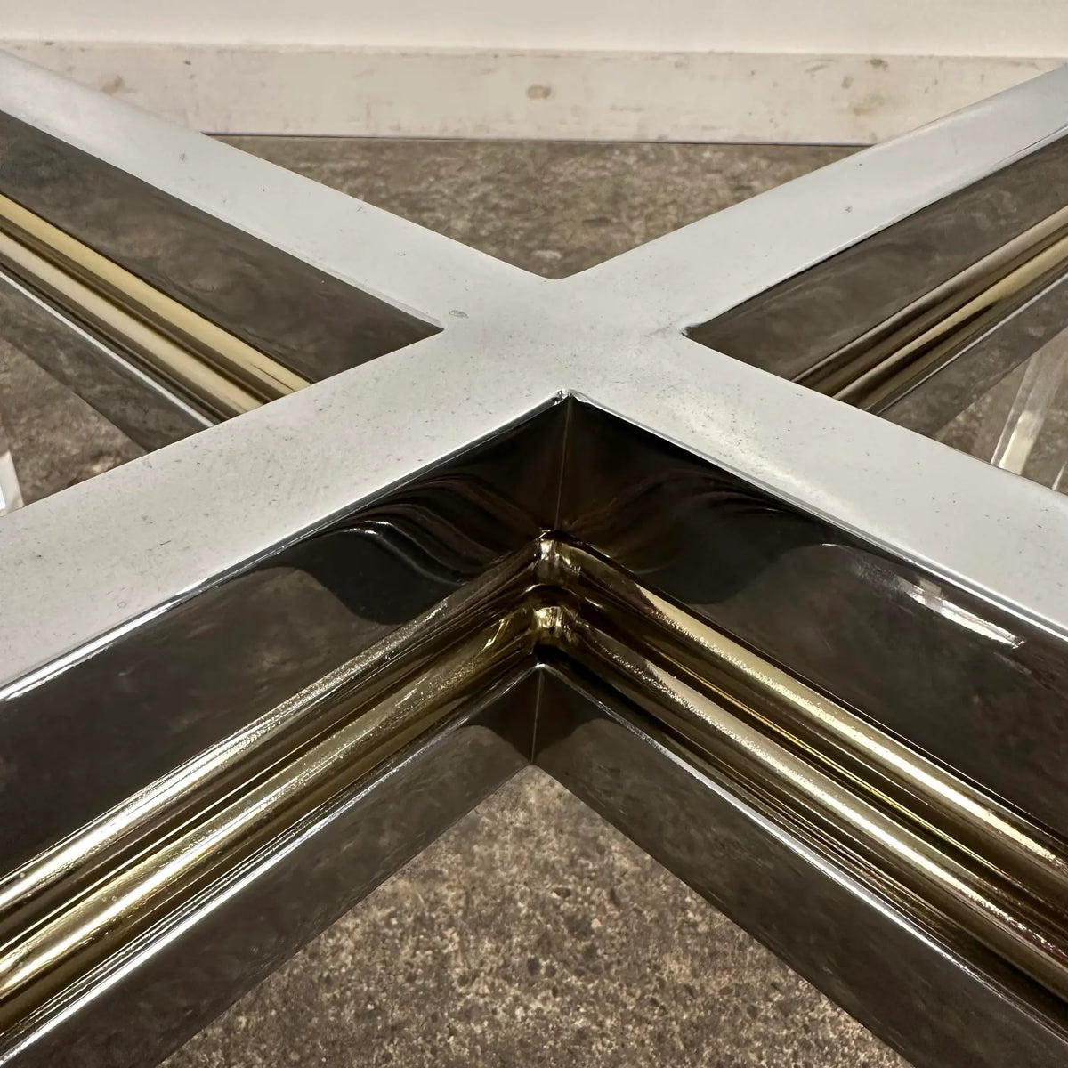 Postmodern Hollywood Regency Charles Hollis Jones Style Lucite Brass Chrome and Glass Coffee Table
