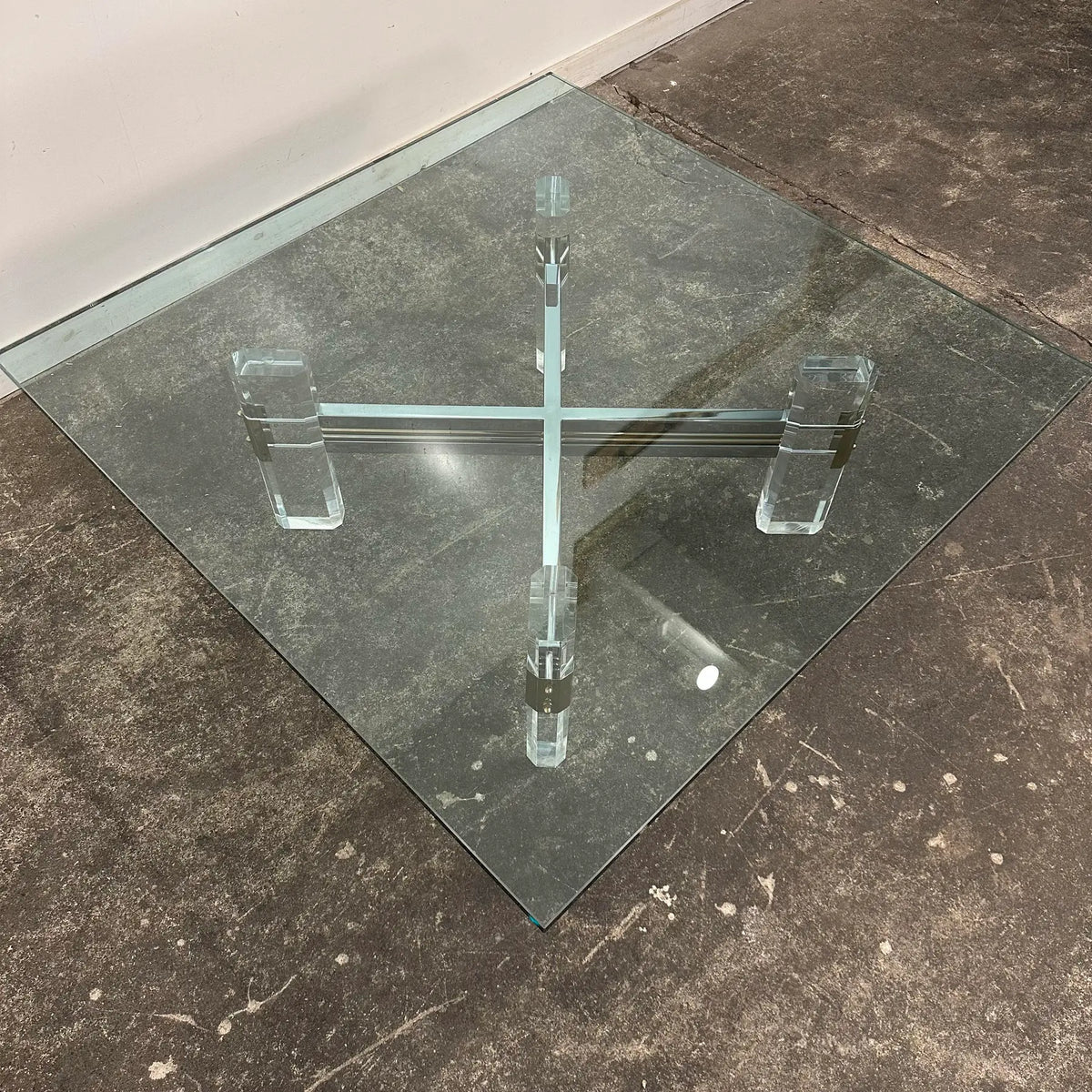 Postmodern Hollywood Regency Charles Hollis Jones Style Lucite Brass Chrome and Glass Coffee Table