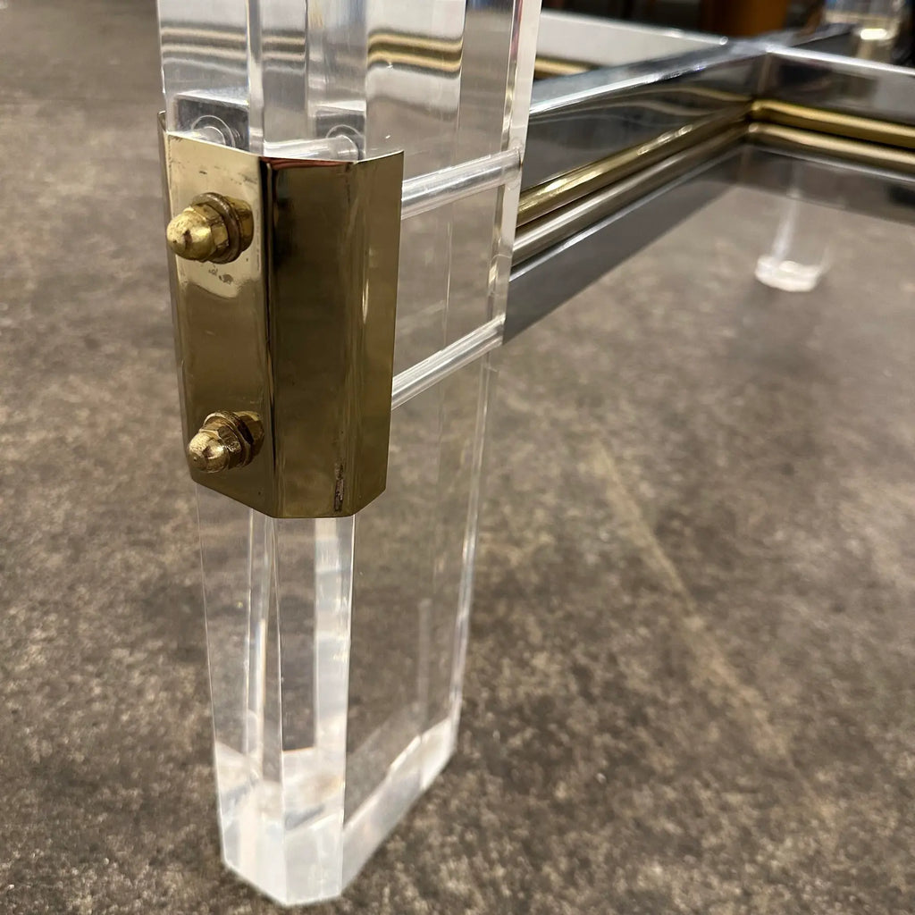 Postmodern Hollywood Regency Charles Hollis Jones Style Lucite Brass Chrome and Glass Coffee Table