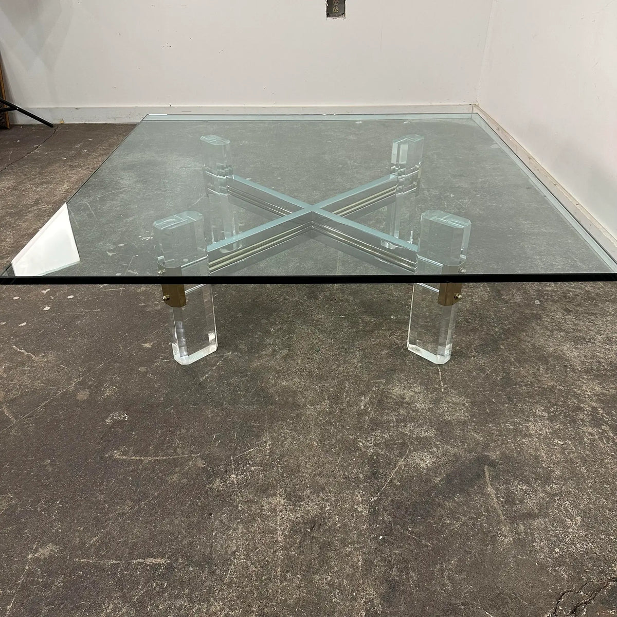 Postmodern Hollywood Regency Charles Hollis Jones Style Lucite Brass Chrome and Glass Coffee Table