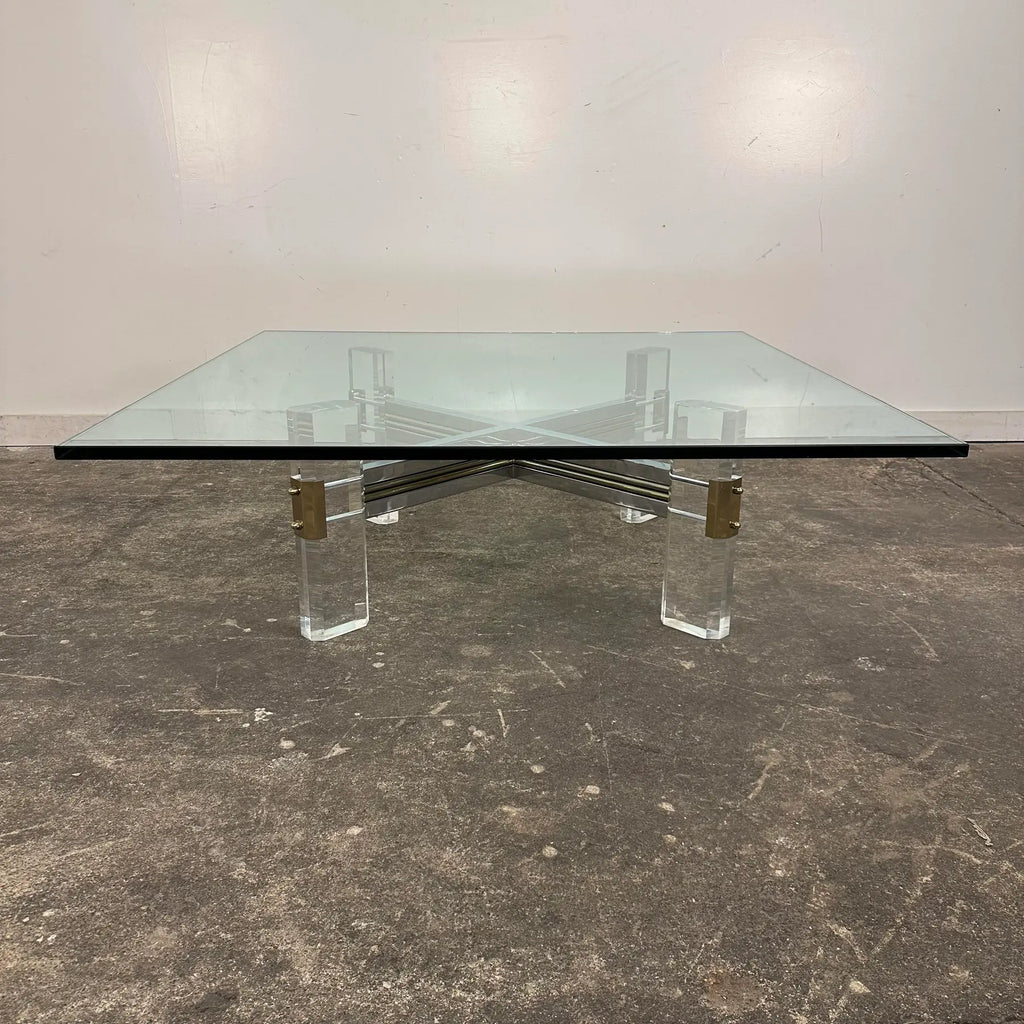 Postmodern Hollywood Regency Charles Hollis Jones Style Lucite Brass Chrome and Glass Coffee Table