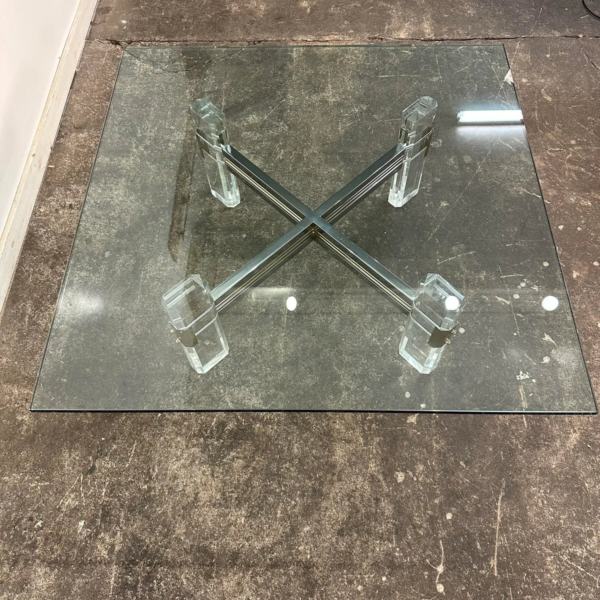 Postmodern Hollywood Regency Charles Hollis Jones Style Lucite Brass Chrome and Glass Coffee Table