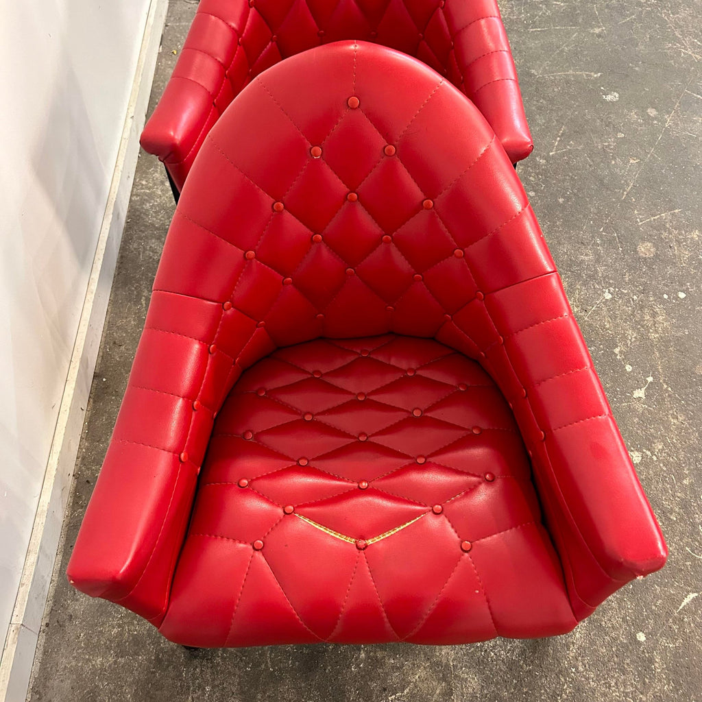 Red Vinyl Tufted Lounge Chairs Styled After Milo Baughman by Frank and Son