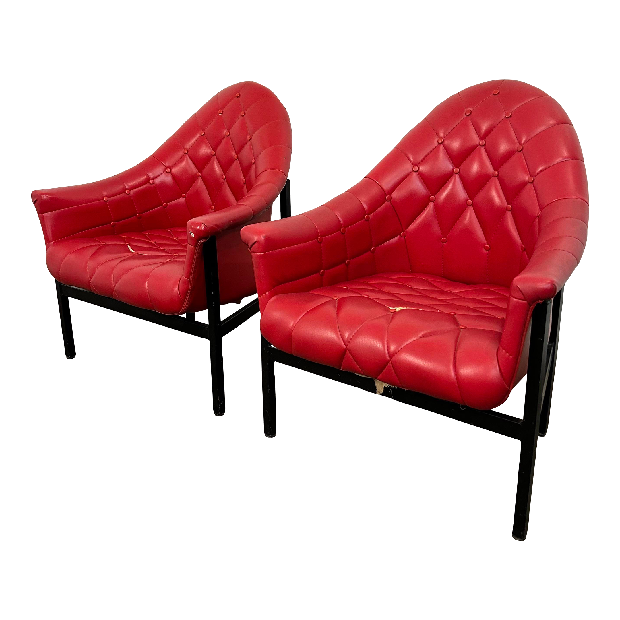 Red Vinyl Tufted Lounge Chairs Styled After Milo Baughman by Frank and Son