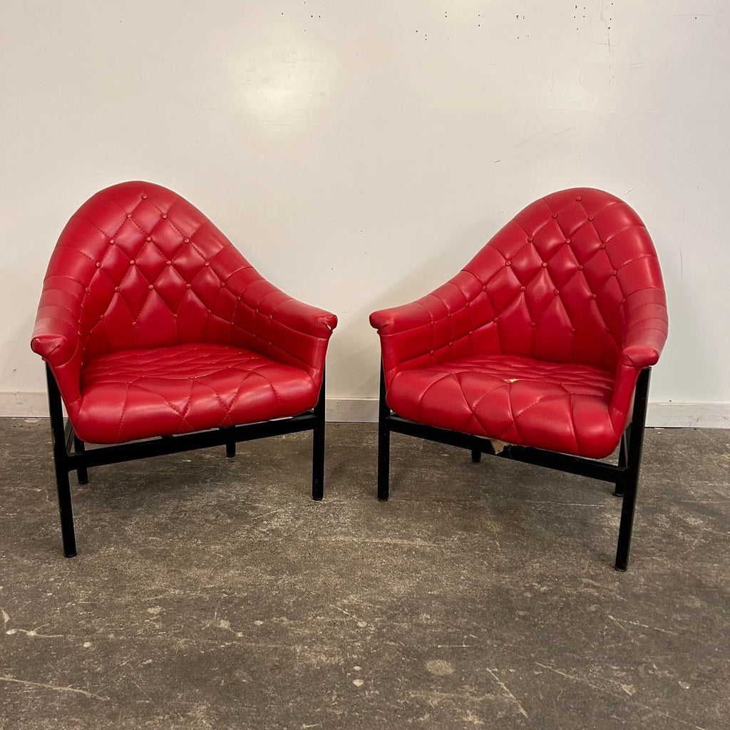 Red Vinyl Tufted Lounge Chairs Styled After Milo Baughman by Frank and Son