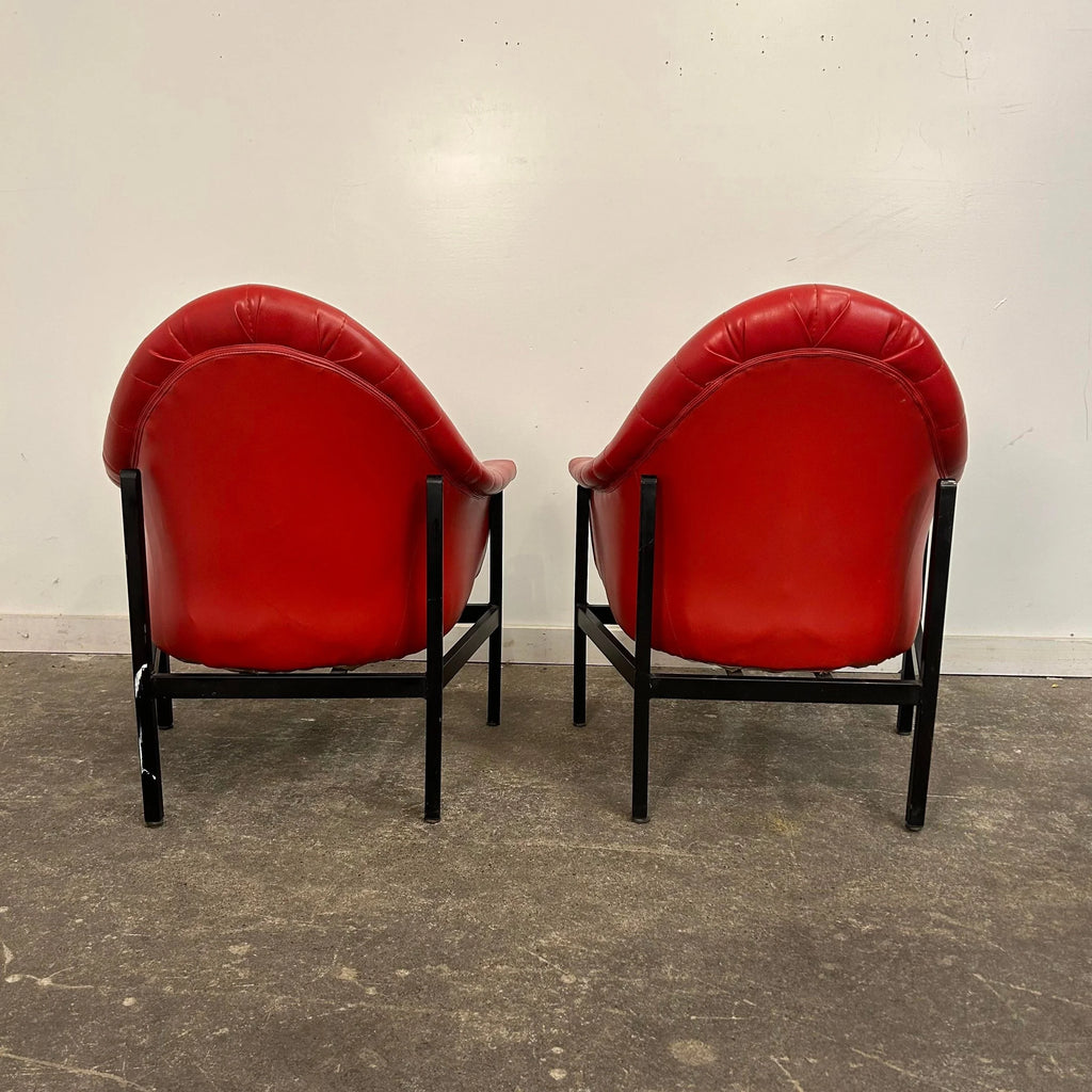 Red Vinyl Tufted Lounge Chairs Styled After Milo Baughman by Frank and Son