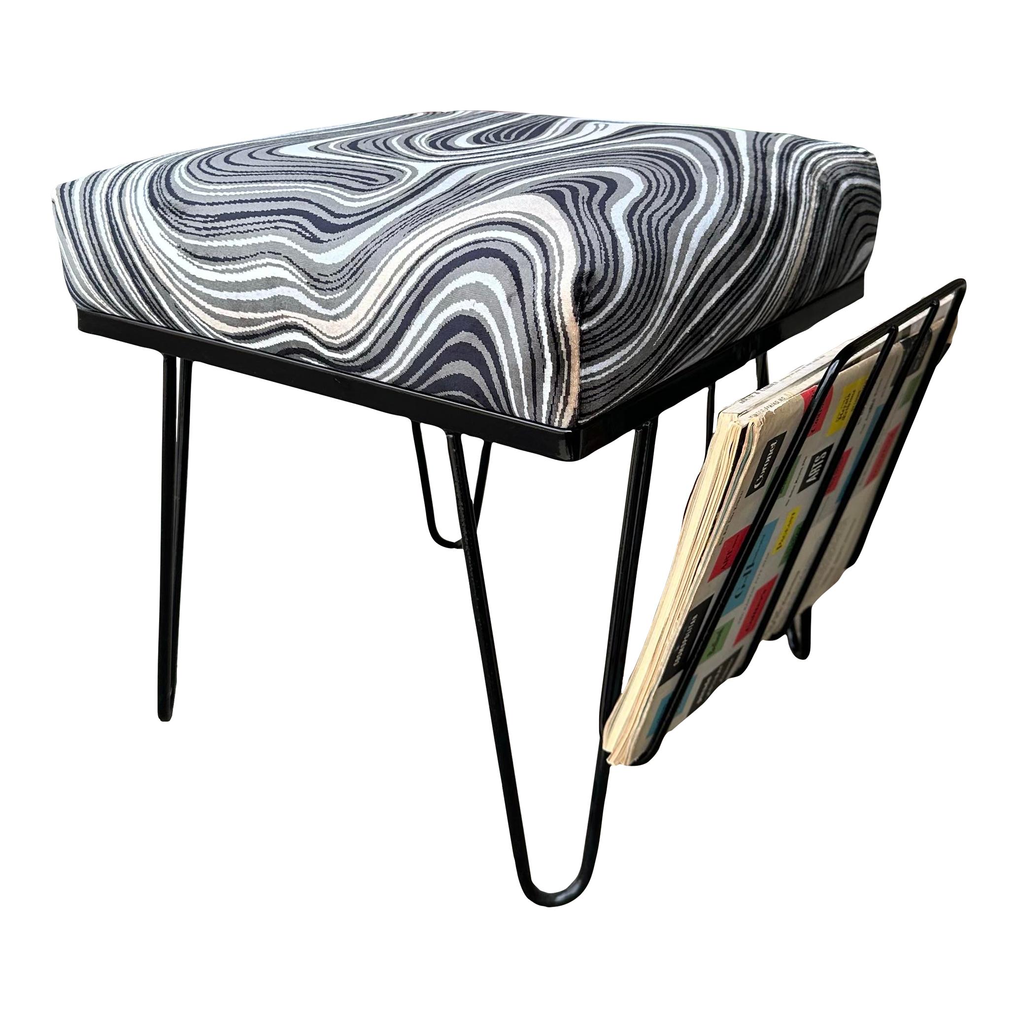 Reupholstered and Powder Coated Hairpin Leg Magazine Rack Ottoman