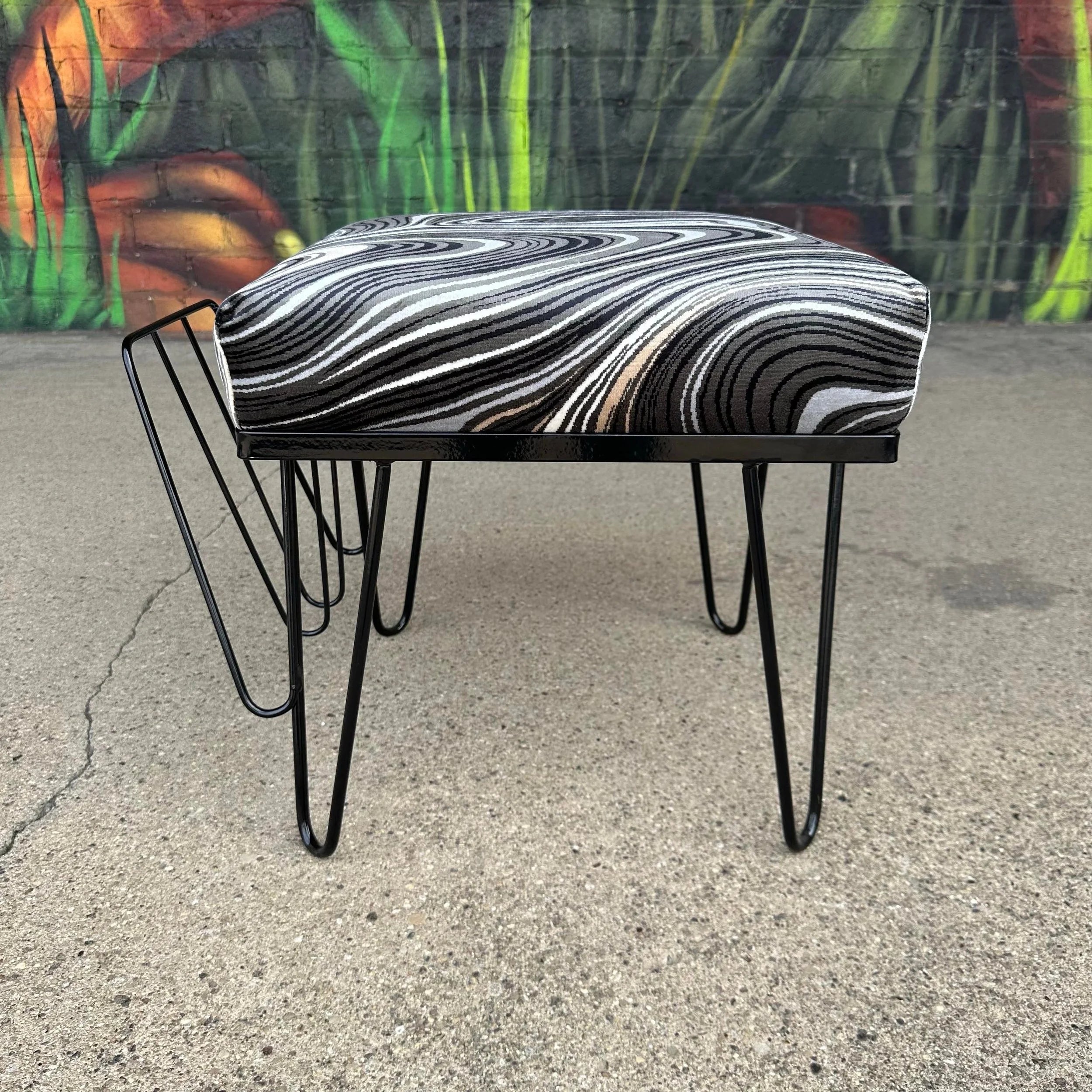 Reupholstered and Powder Coated Hairpin Leg Magazine Rack Ottoman