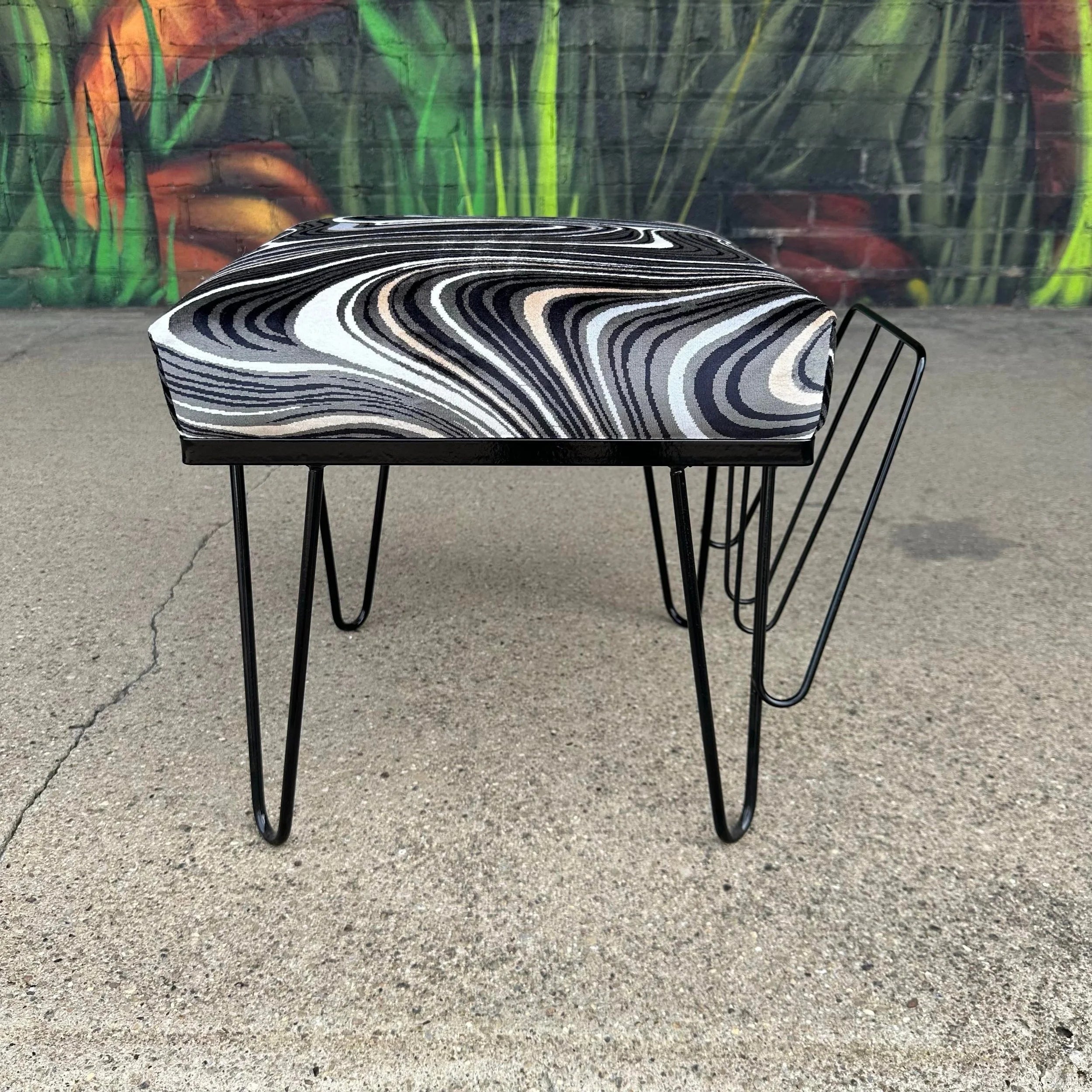 Reupholstered and Powder Coated Hairpin Leg Magazine Rack Ottoman