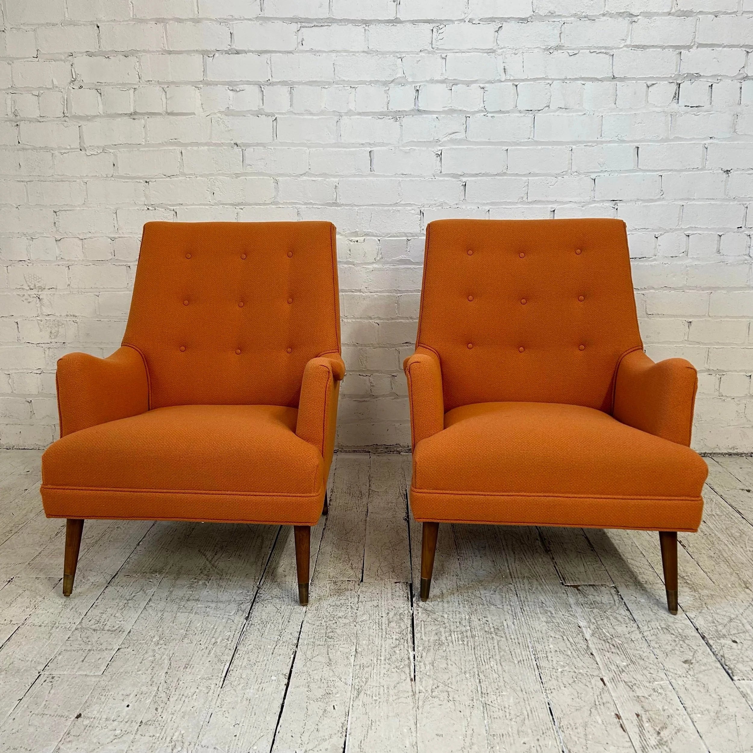 Reupholstered Pair of Orange Mid Century Modern Lounge Chairs