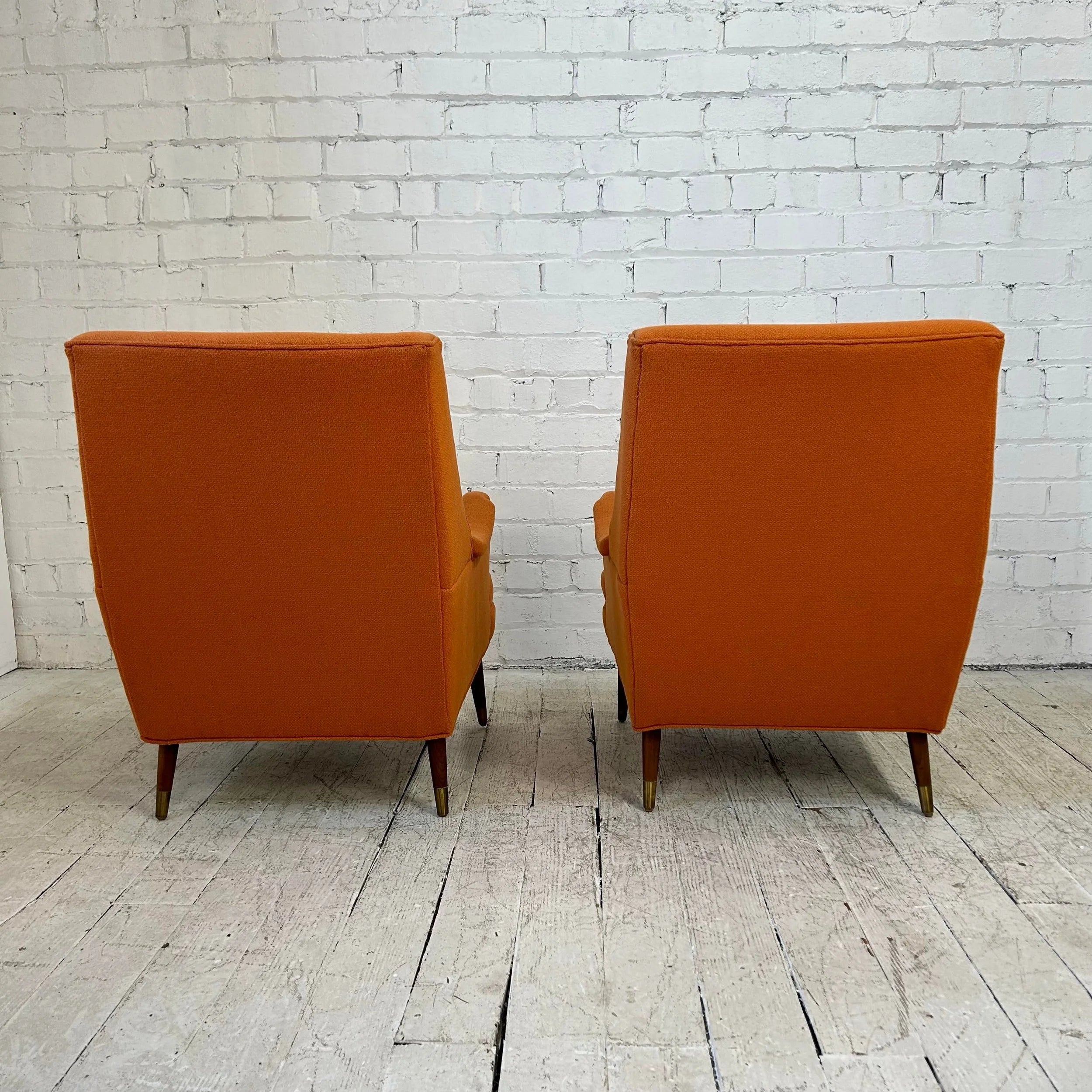 Reupholstered Pair of Orange Mid Century Modern Lounge Chairs