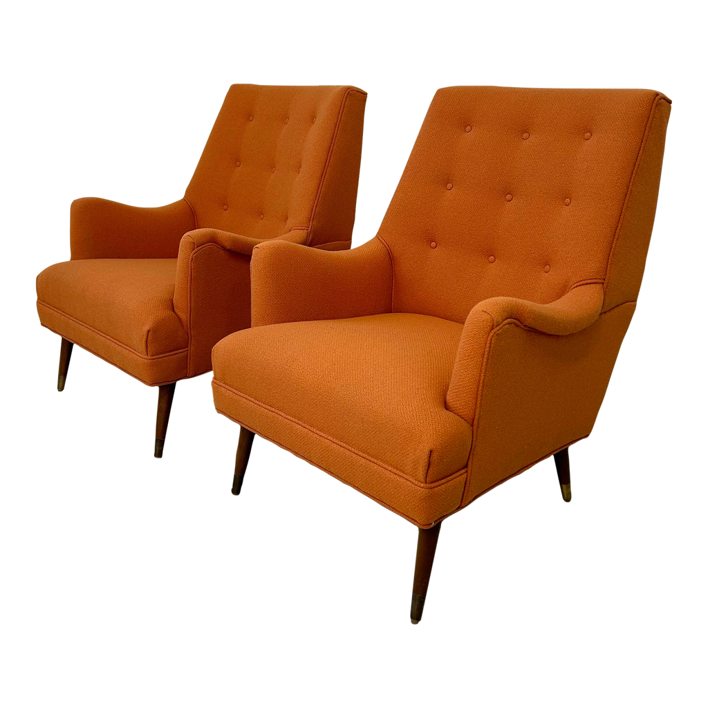 Reupholstered Pair of Orange Mid Century Modern Lounge Chairs