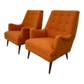 Reupholstered Pair of Orange Mid Century Modern Lounge Chairs