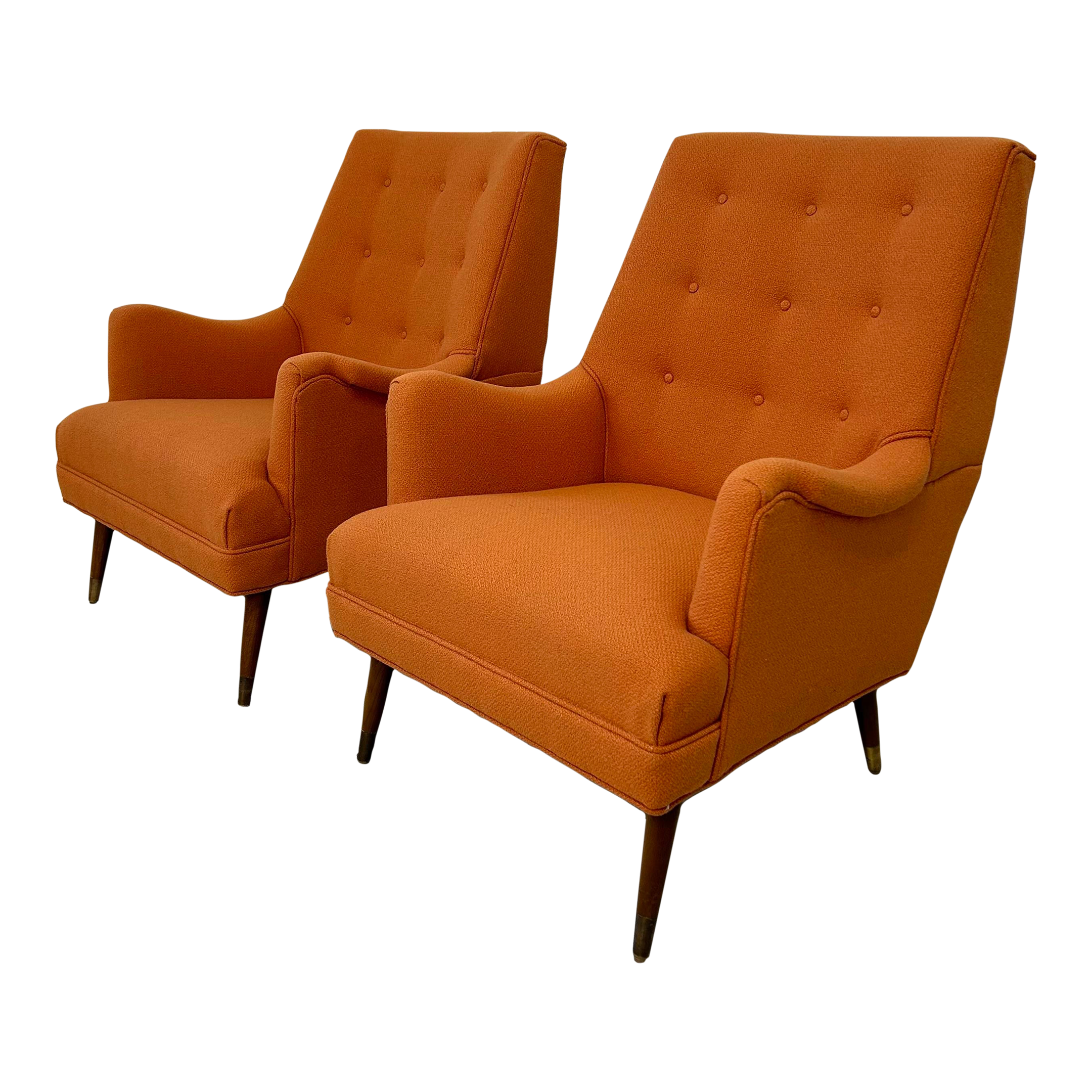 Reupholstered Pair of Orange Mid Century Modern Lounge Chairs