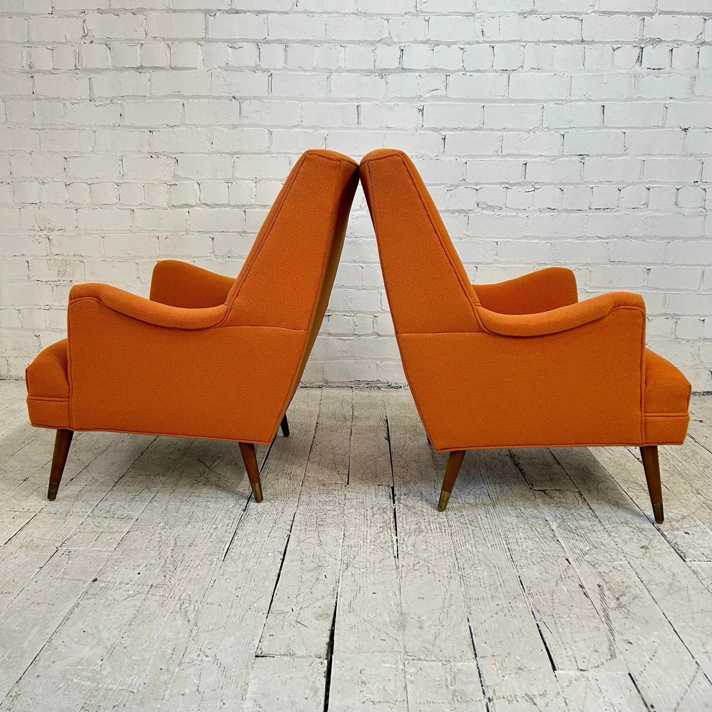 Reupholstered Pair of Orange Mid Century Modern Lounge Chairs