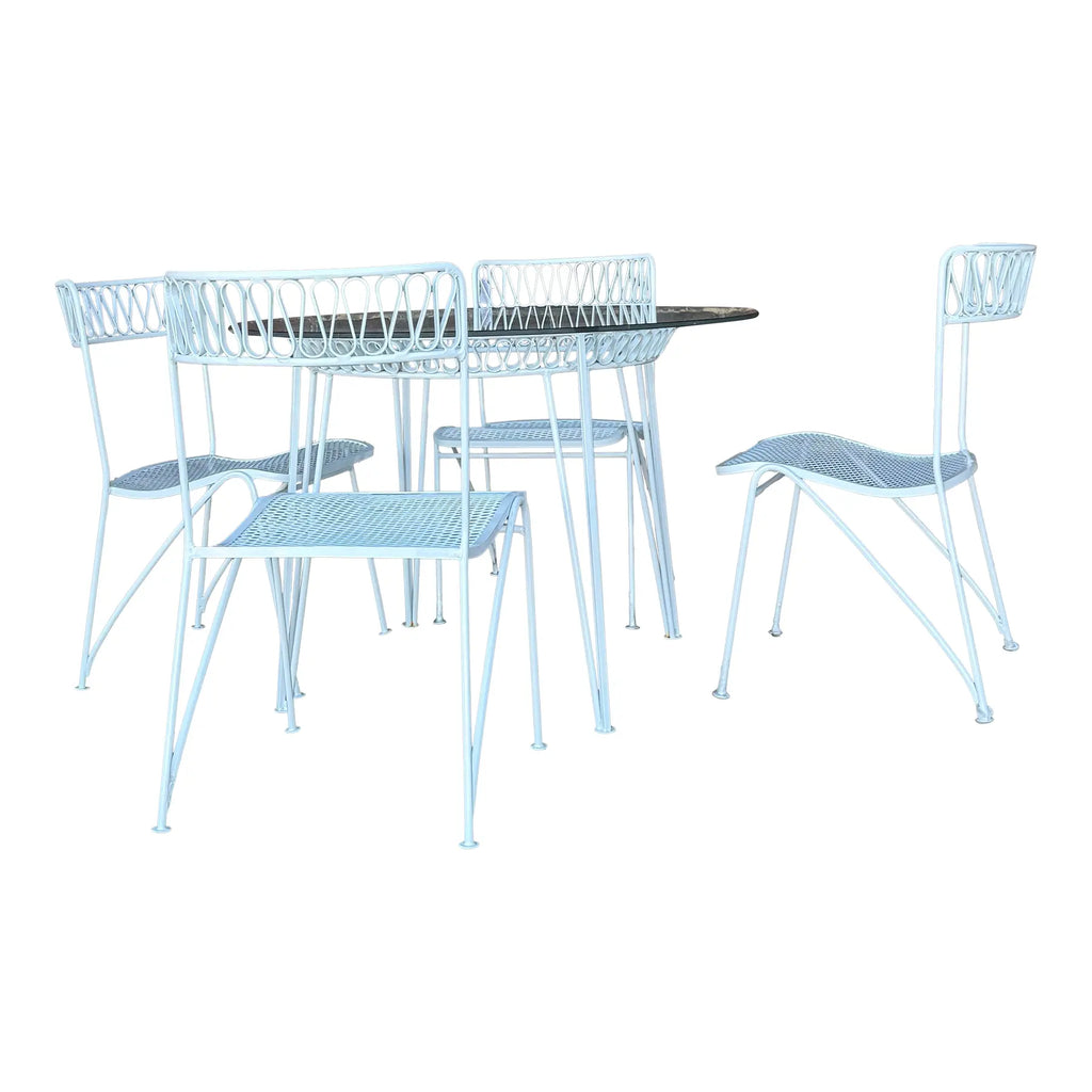 Salterini Ribbon Patio Table and 4 Chairs Wrought Iron Mid Century,