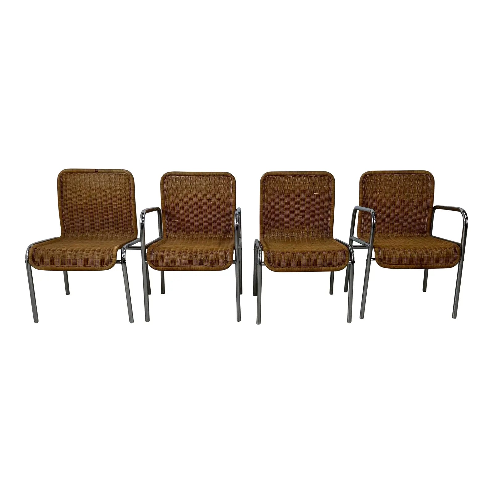 Set of 4 Tubular Chrome and Rattan Dining Chairs