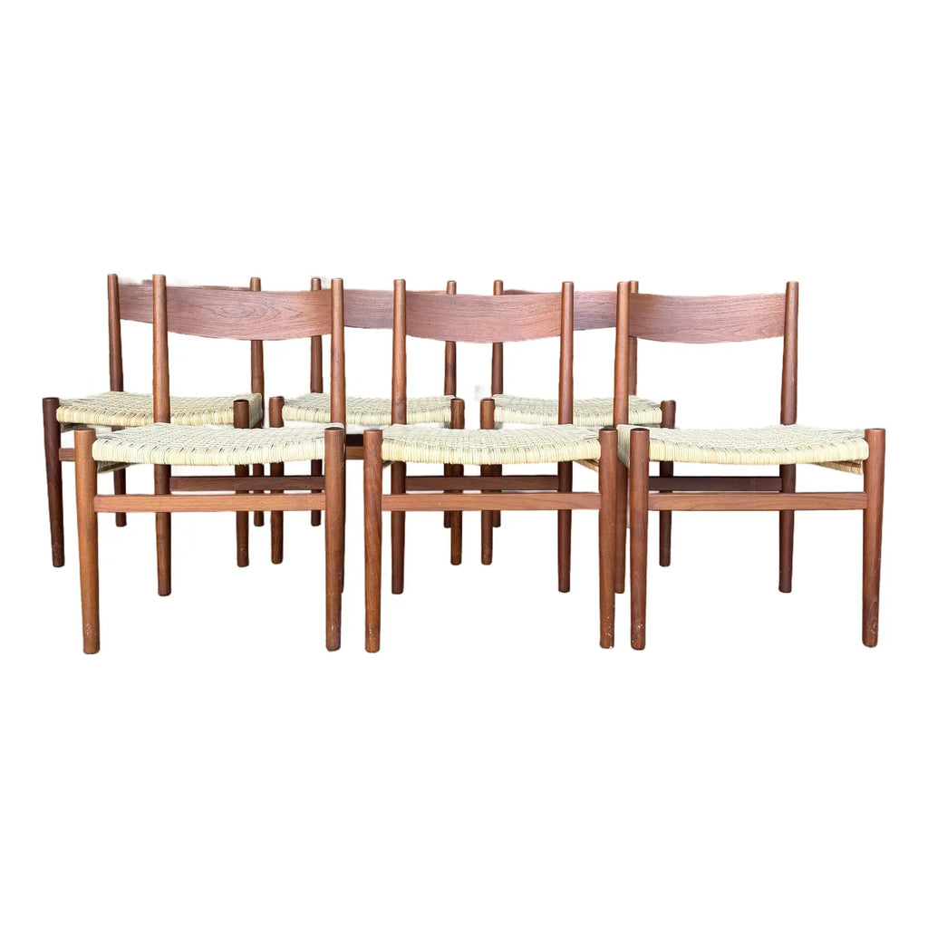 Set of 6 Hans Wegner Teak Dining Chairs With New Rushed Seats Ch-40 Teak