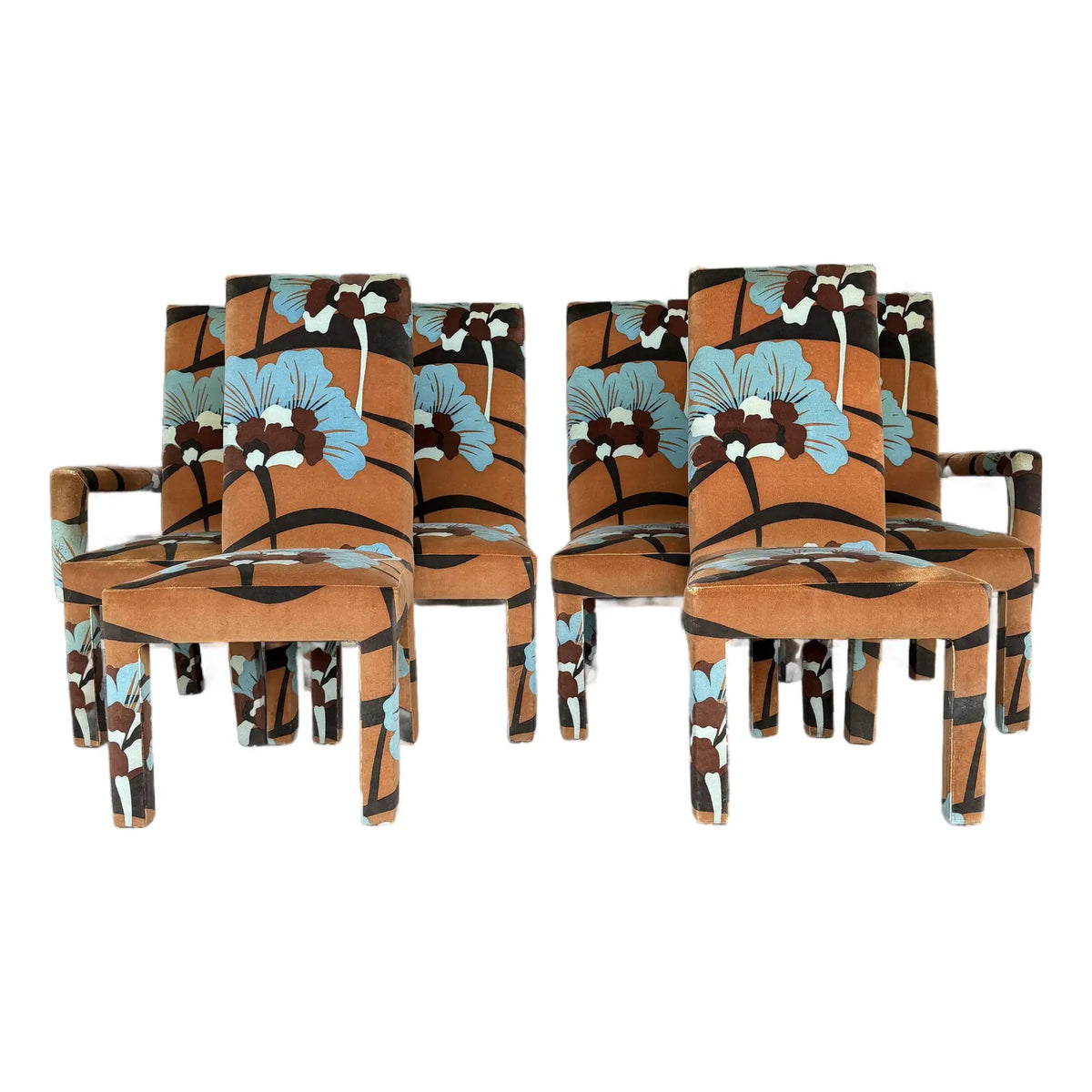 Set of 6 Upholstered Boho Chic Dining Chairs in Jack Lenor Larsen Fabric