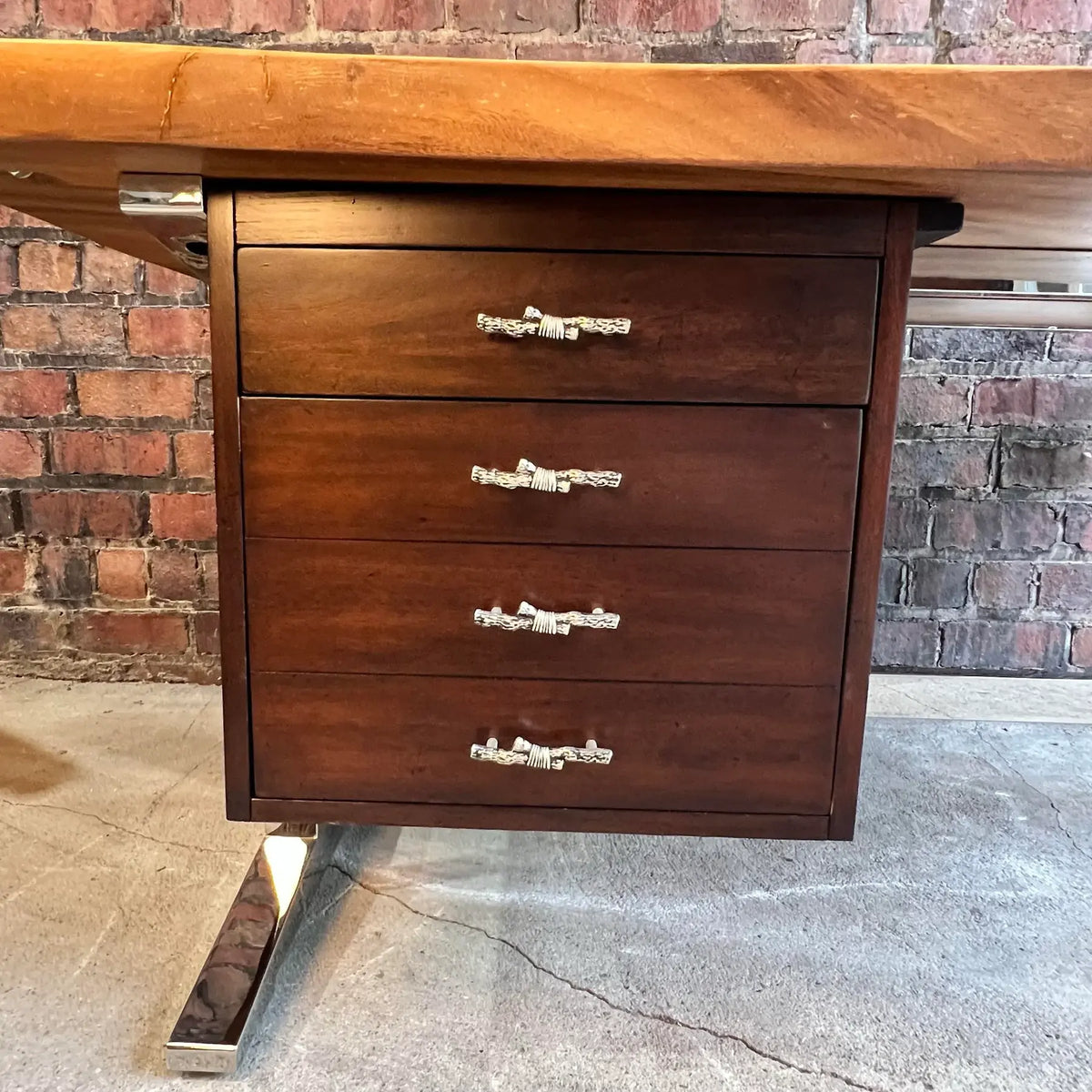 Sligh La Costa Live Edge Writing Desk Polished Stainless Base Mahogany Drawers