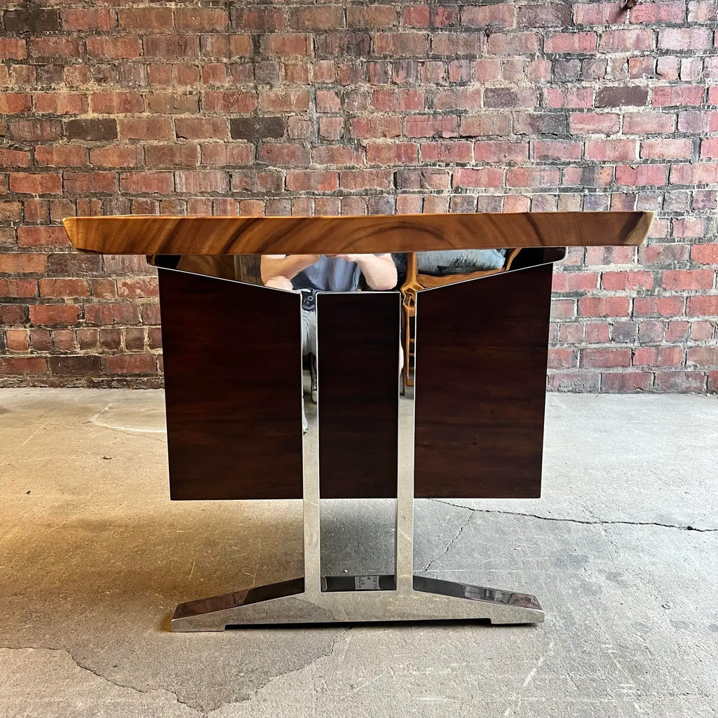 Sligh La Costa Live Edge Writing Desk Polished Stainless Base Mahogany Drawers