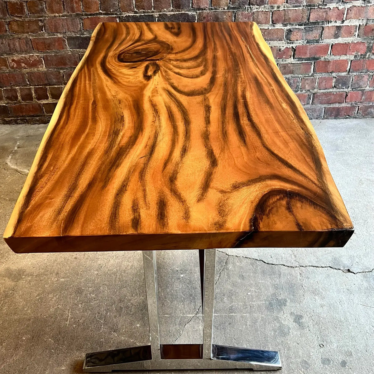 Sligh La Costa Live Edge Writing Desk Polished Stainless Base Mahogany Drawers
