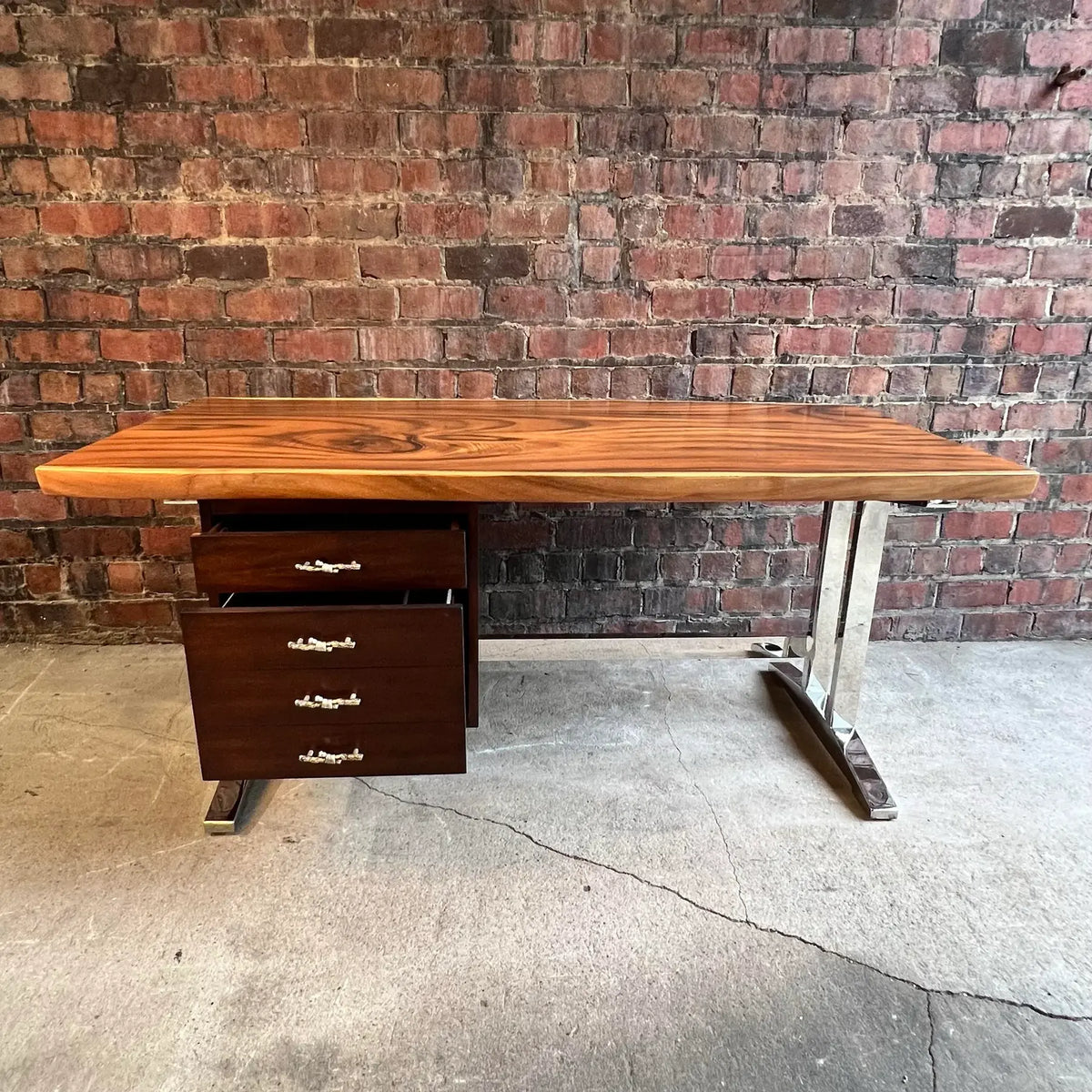 Sligh La Costa Live Edge Writing Desk Polished Stainless Base Mahogany Drawers