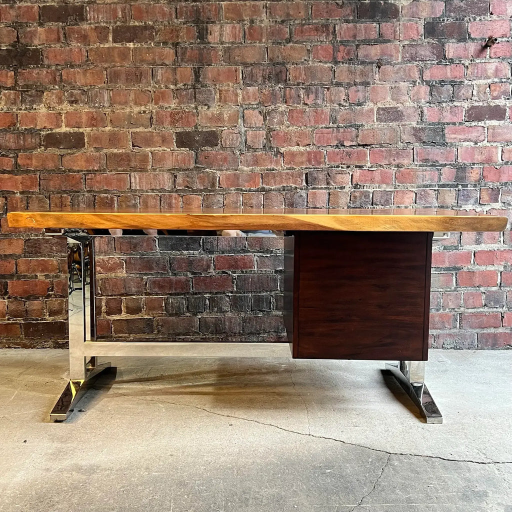 Sligh La Costa Live Edge Writing Desk Polished Stainless Base Mahogany Drawers