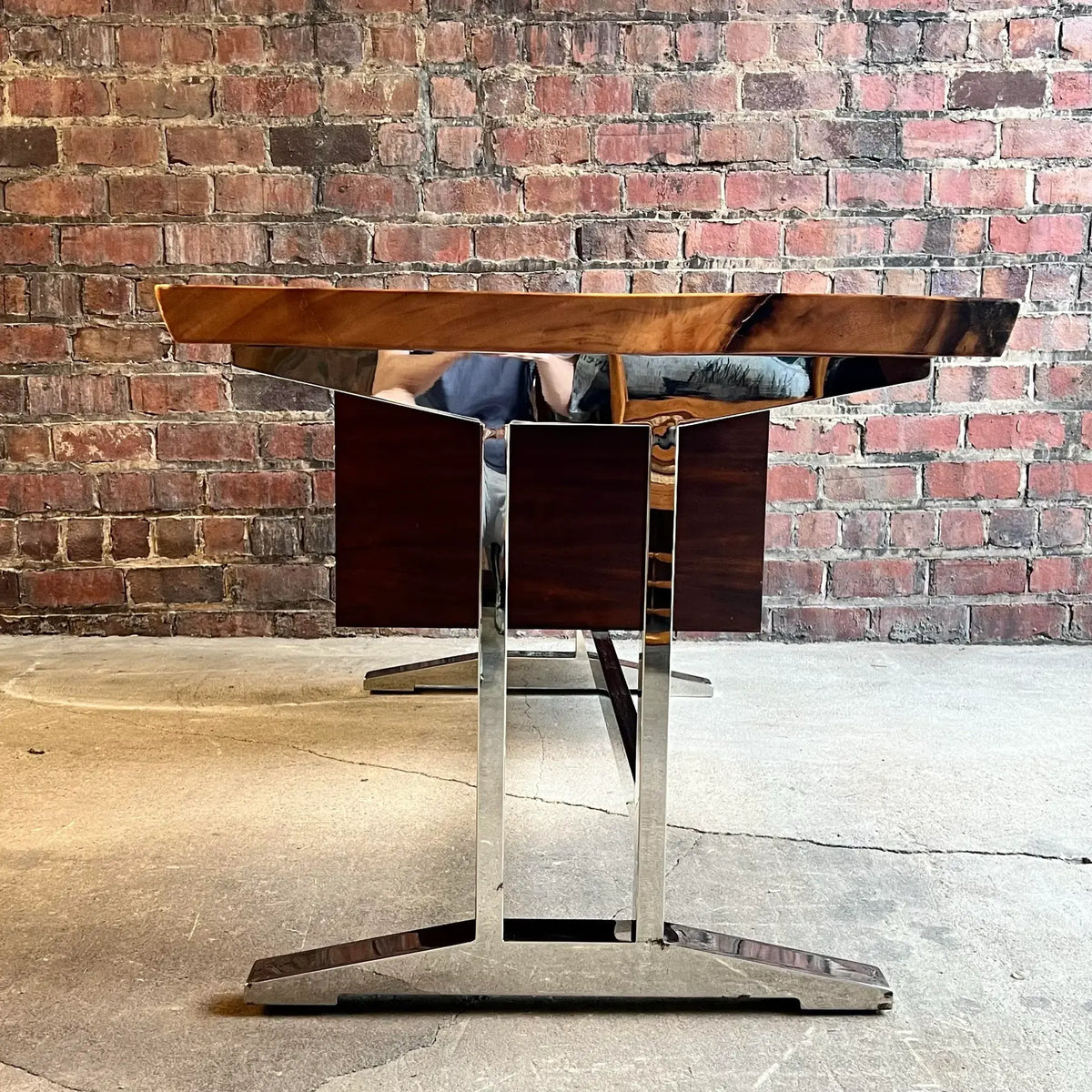 Sligh La Costa Live Edge Writing Desk Polished Stainless Base Mahogany Drawers