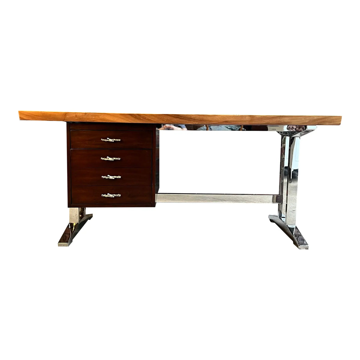 Sligh La Costa Live Edge Writing Desk Polished Stainless Base Mahogany Drawers