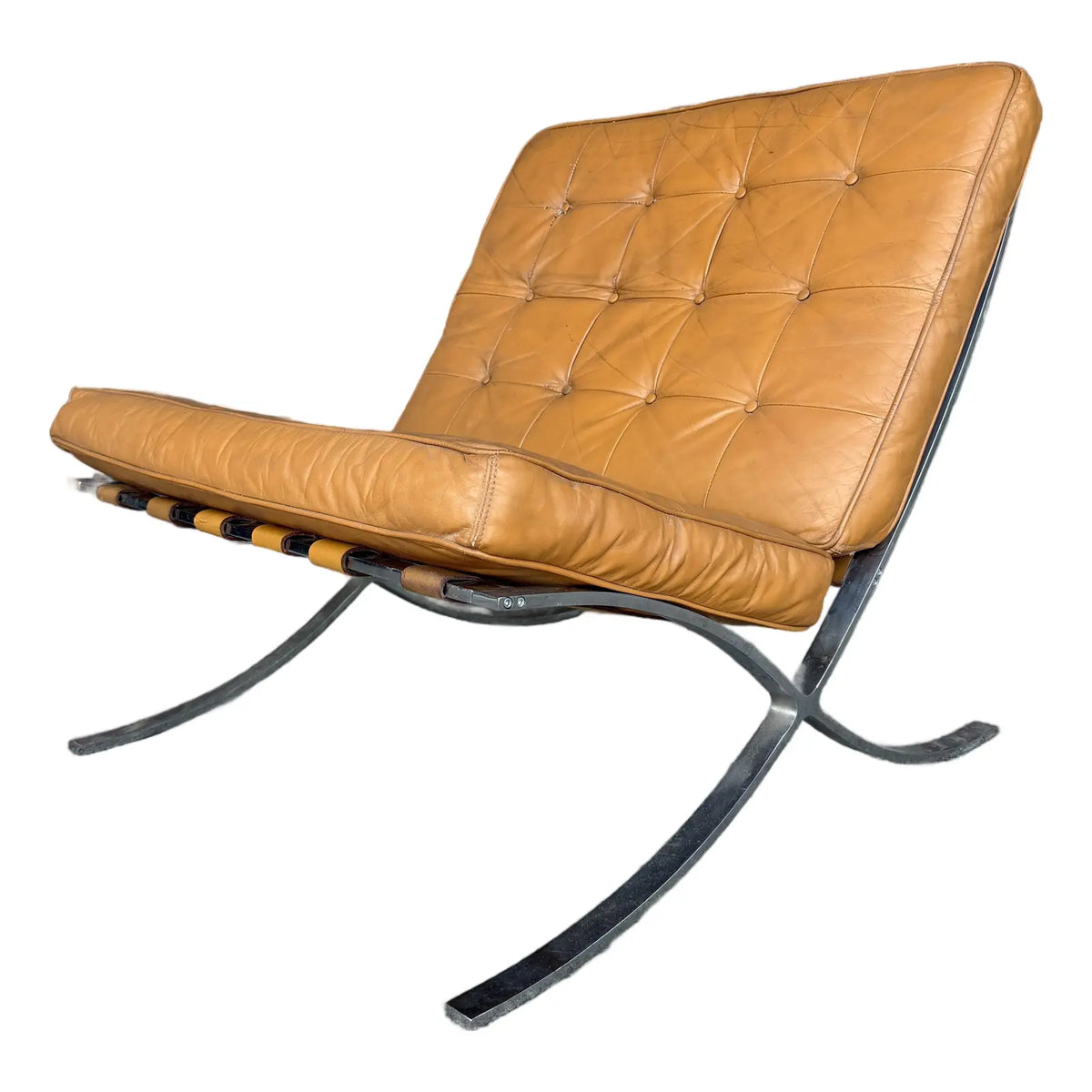 Tan Leather Mid Century Barcelona Style Lounge Chair