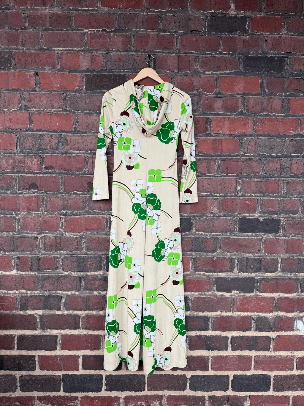 Tan and Green Floral Hooded Maxi Dress Size Small