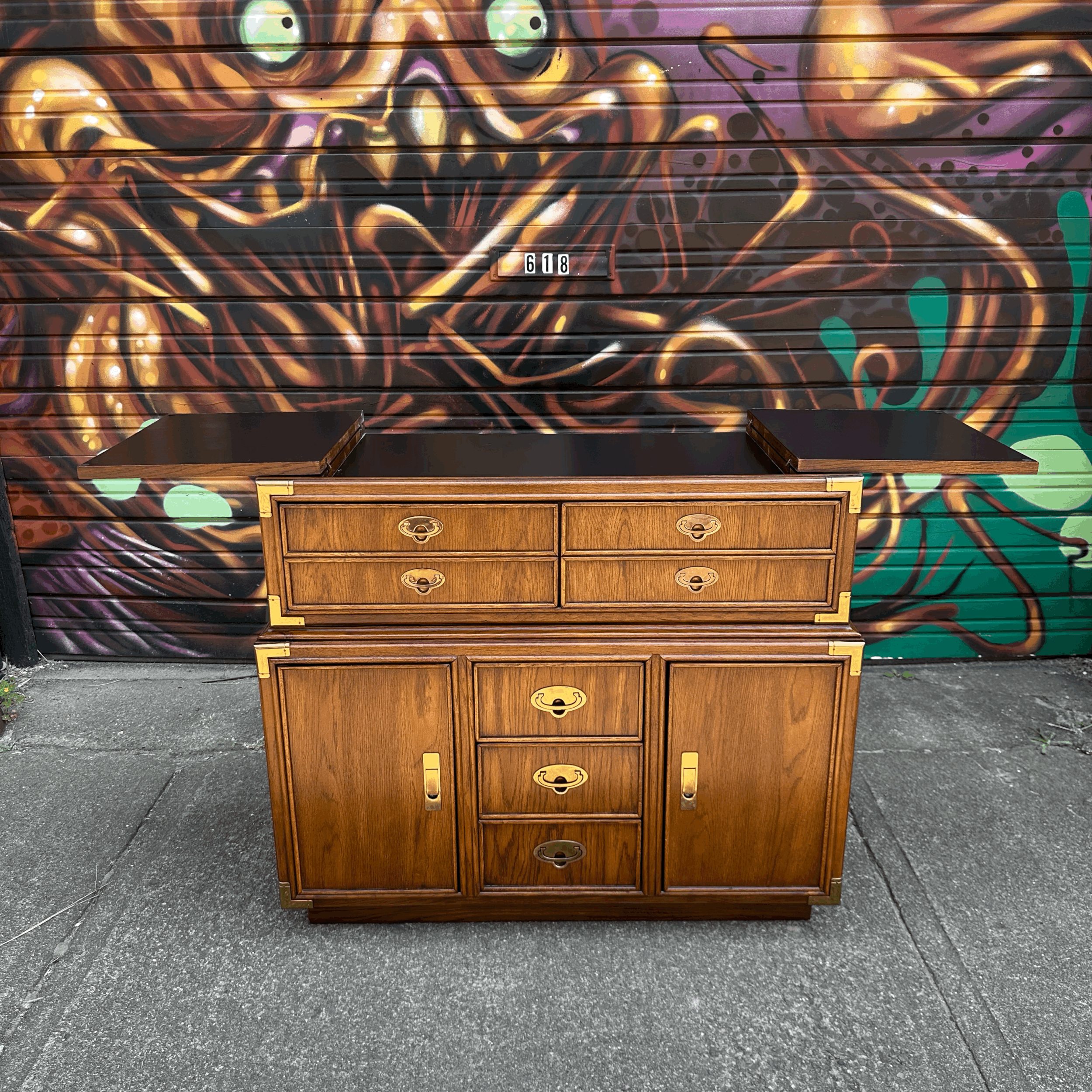 Lexington Campaign Style Pecan and Brass Dry Bar