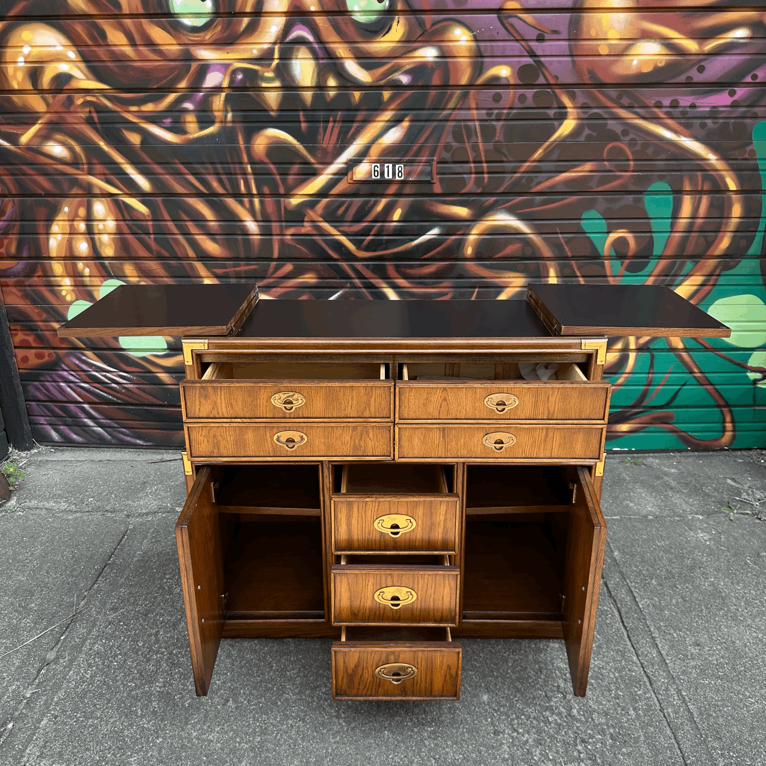 Lexington Campaign Style Pecan and Brass Dry Bar