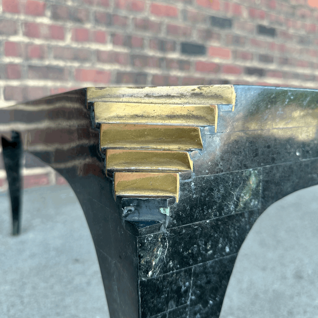Casa Bique Tessellated Marble Glass and Brass Coffee Table Hollywood Regency