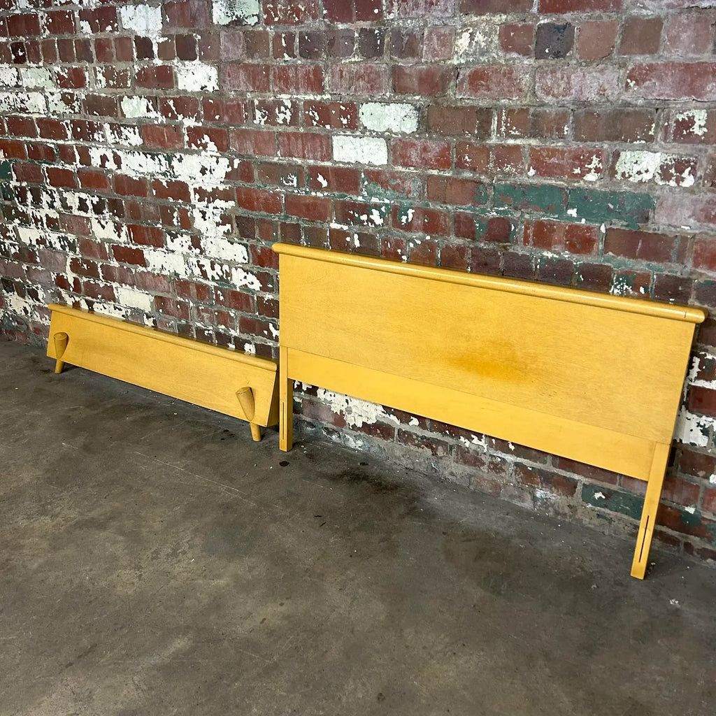 Unique Mid Century Modern Blonde Wood Full Size Headboard and Footboard